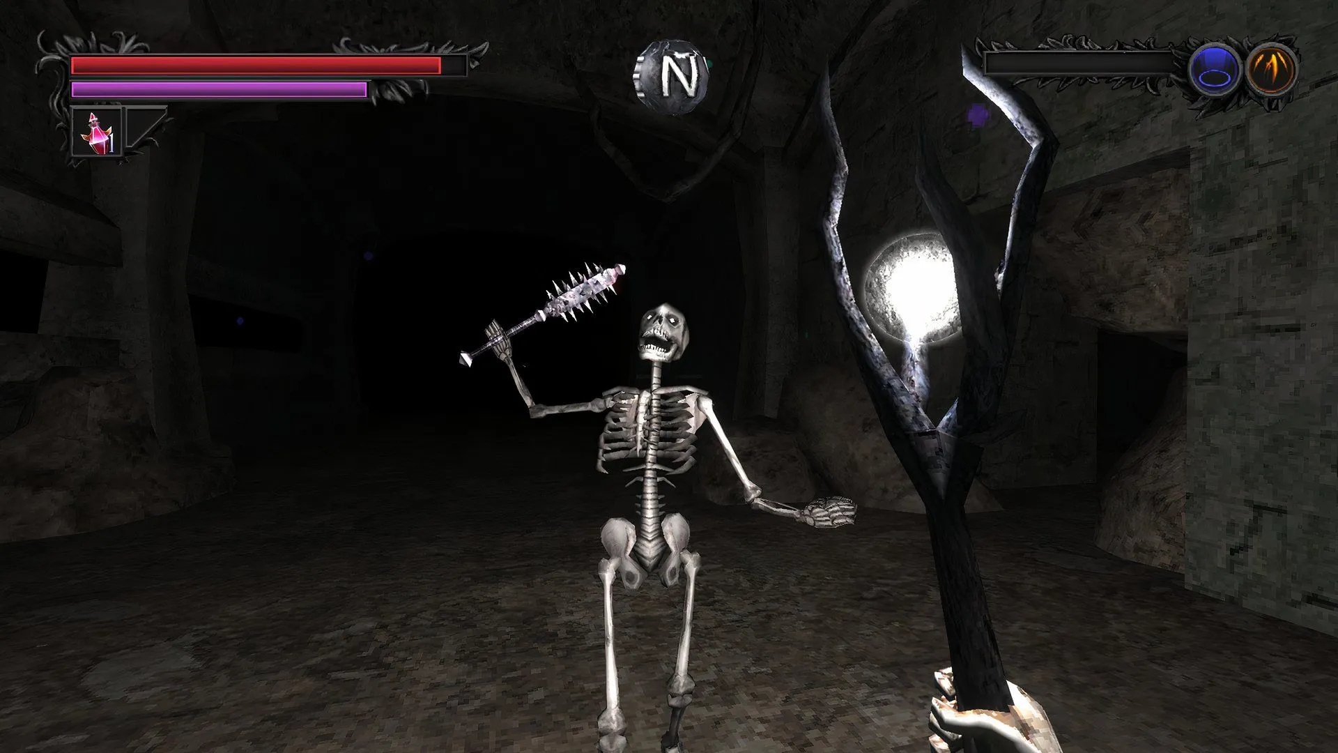 Nhân vật chiến đấu với bộ xương trong game Lunacid