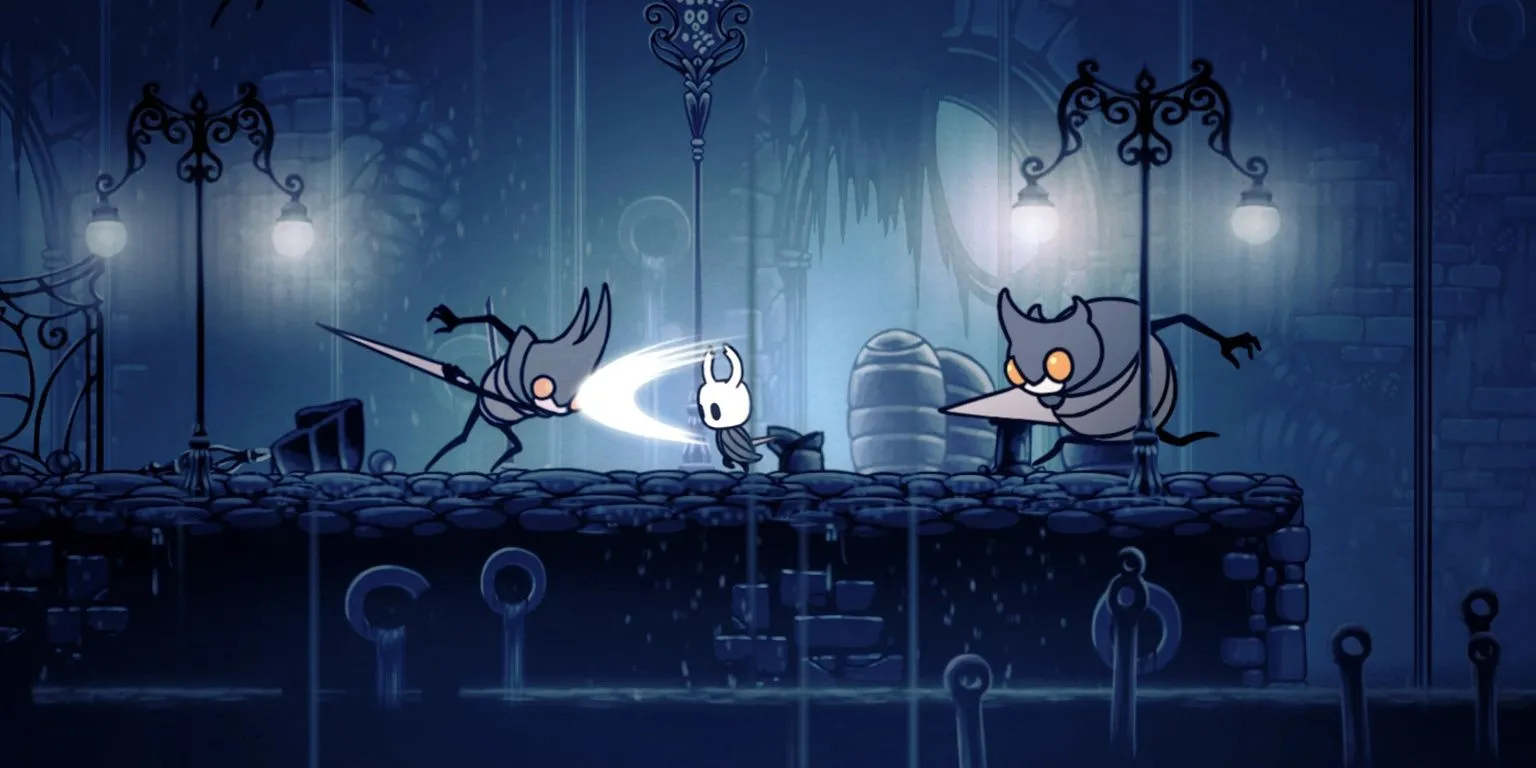 Nhân vật chính chiến đấu với lính gác Husk trong Thành phố Nước Mắt, Hollow Knight
