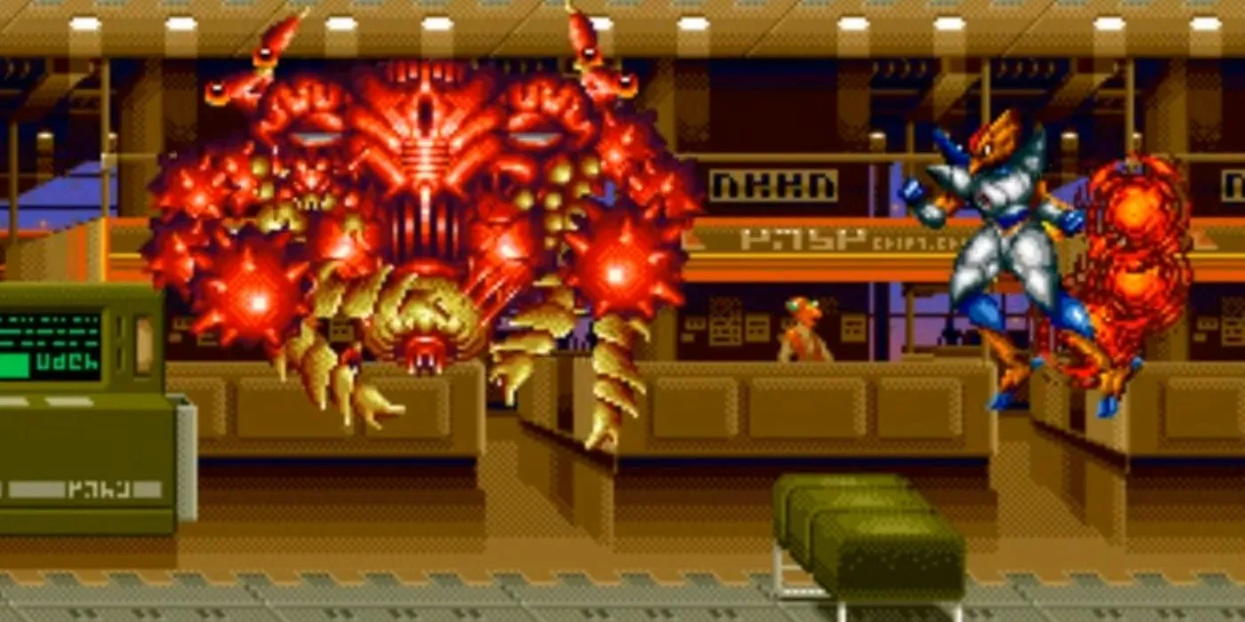 Nhân vật chính đối đầu với Madam Barber, một trong những trùm khó của Alien Soldier
