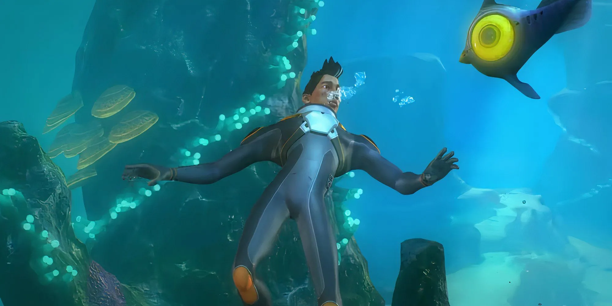 Nhân vật chính lặn dưới nước gần đàn cá và rạn san hô trong Subnautica