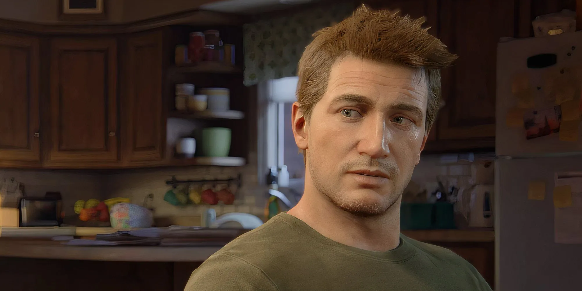 Nhân vật chính Nathan Drake từ Uncharted ngồi trong nhà