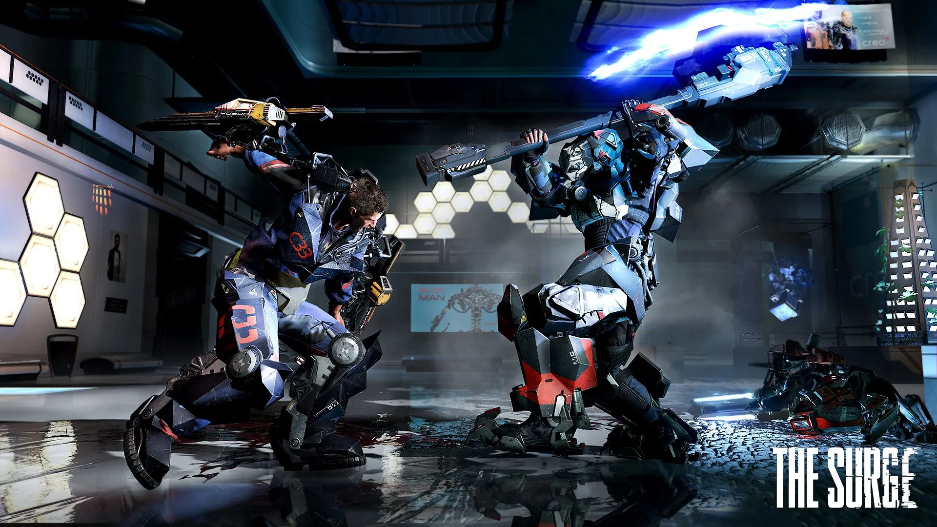 Nhân vật chính nhìn ra khung cảnh tàn tạ của tương lai trong game The Surge