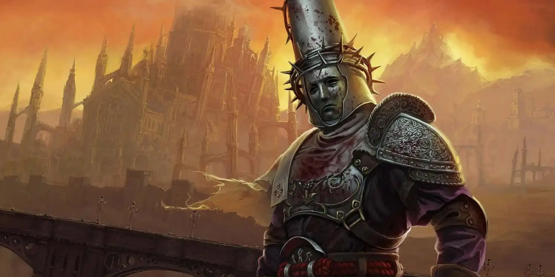 Nhân vật chính Penitent One trong bối cảnh u ám của Blasphemous