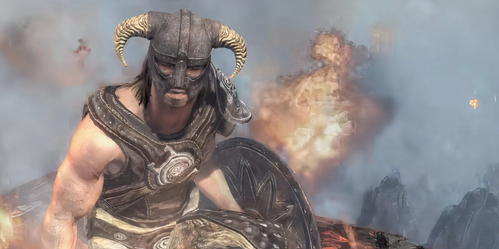 Nhân vật chính The Elder Scrolls V Skyrim ngồi quanh đống lửa trại ngoài trời