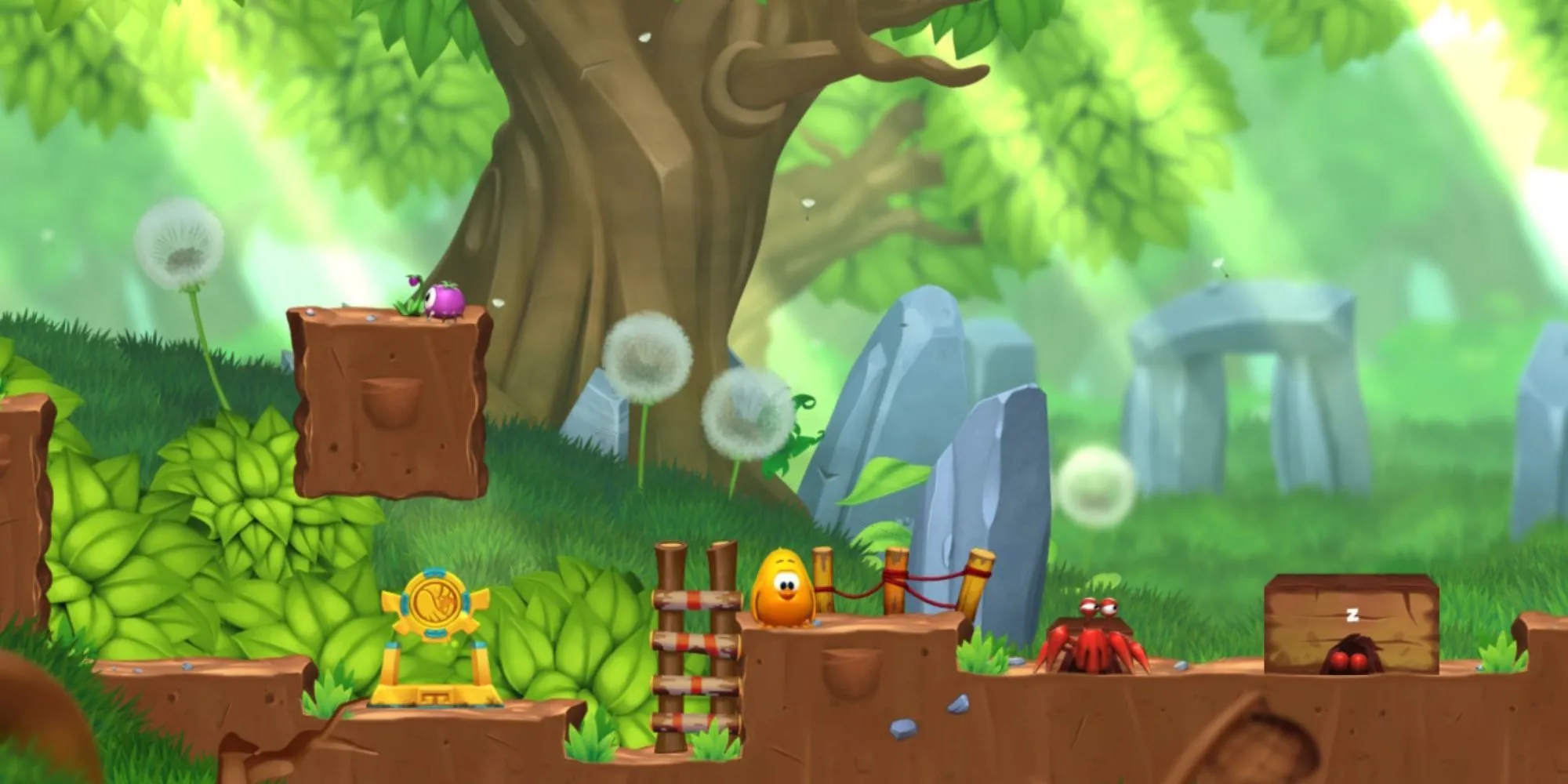 Nhân vật chính Toki Tori đứng trước một hang động trong Toki Tori 2