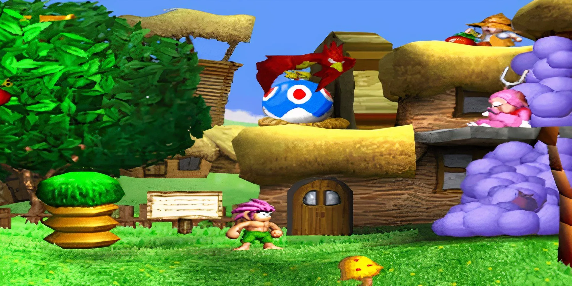 Nhân vật chính Tomba tóc hồng đang chiến đấu với kẻ thù trong game platformer Tomba!