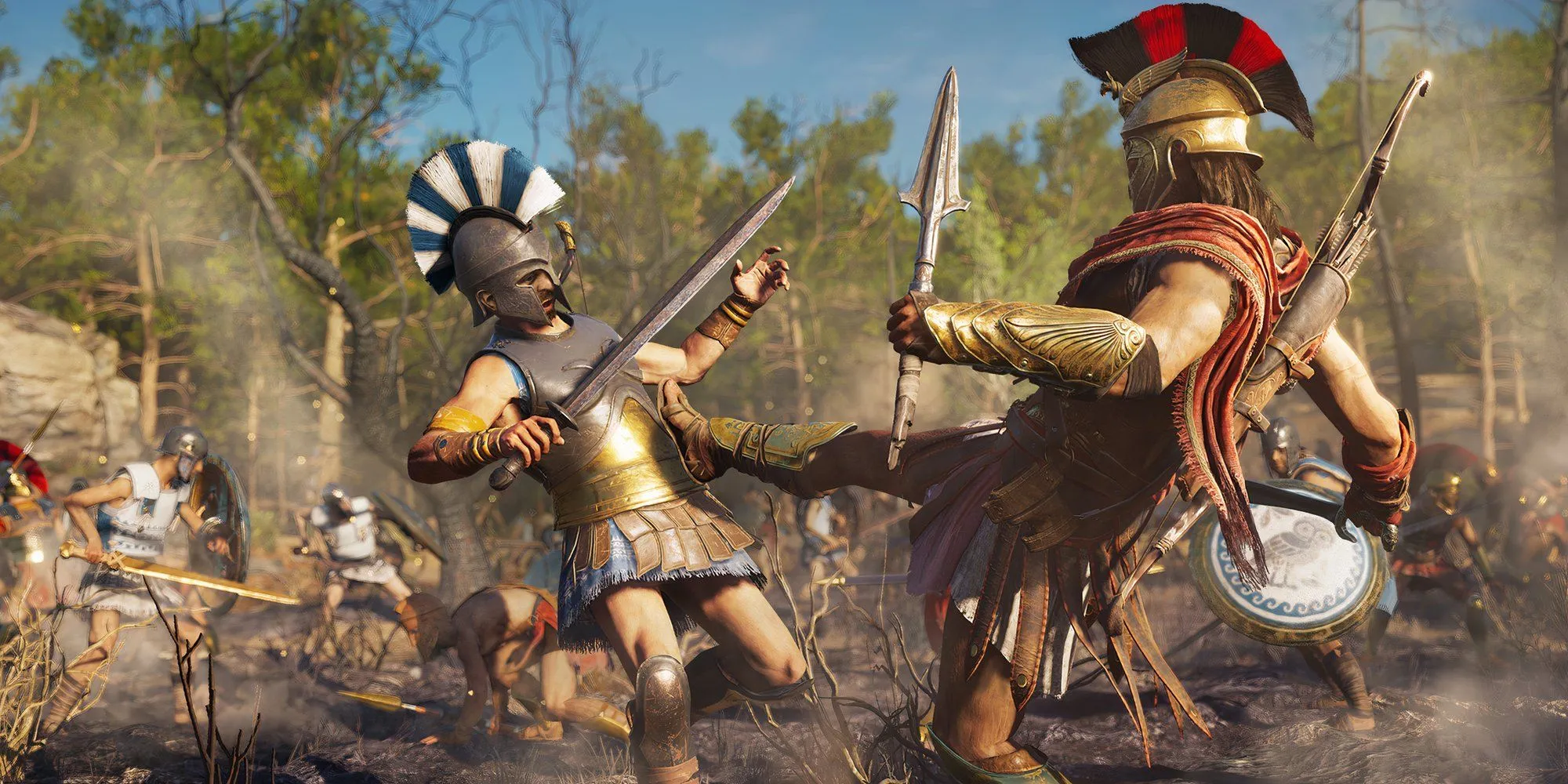 Nhân vật chính trong Assassin's Creed Odyssey thực hiện đòn đá Sparta trứ danh vào kẻ thù trong trận chiến