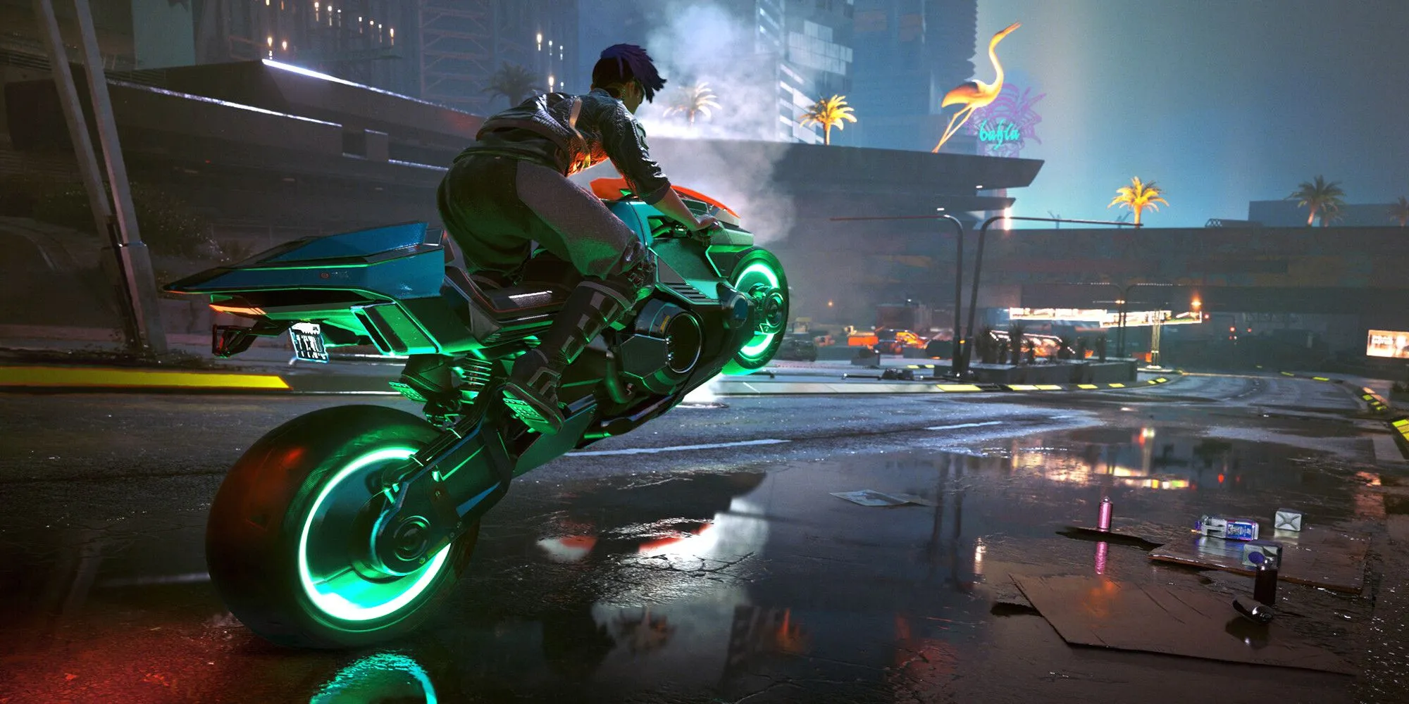 Nhân vật chính V lái motor trong thành phố Night City của Cyberpunk 2077