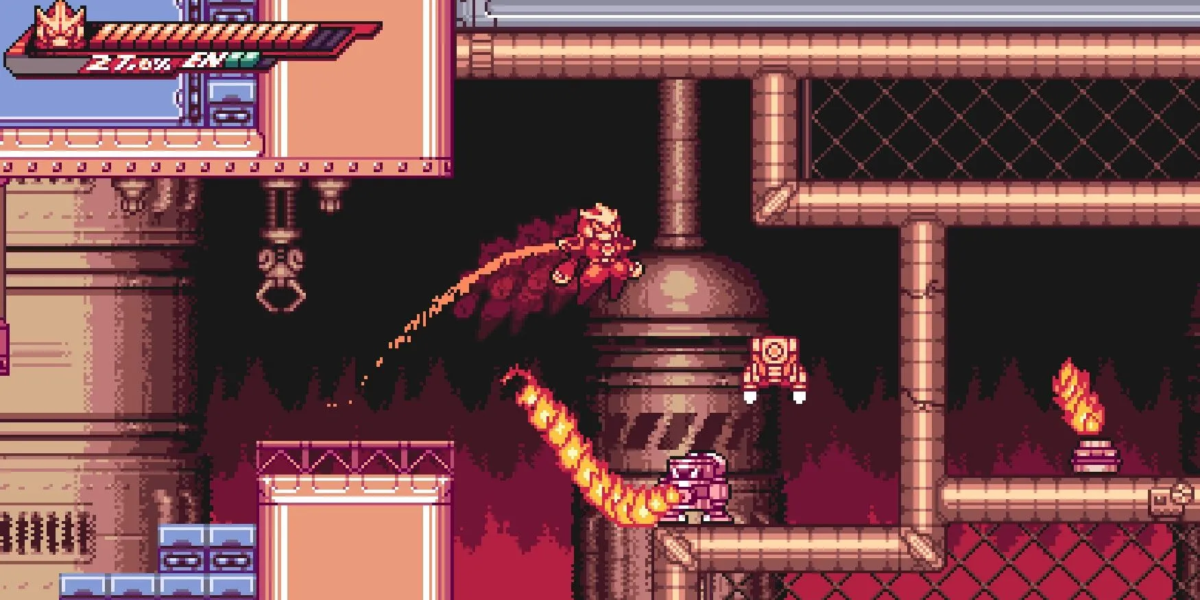 Nhân vật chính vượt qua chướng ngại vật robot lửa trong game platformer hành động Gravity Circuit