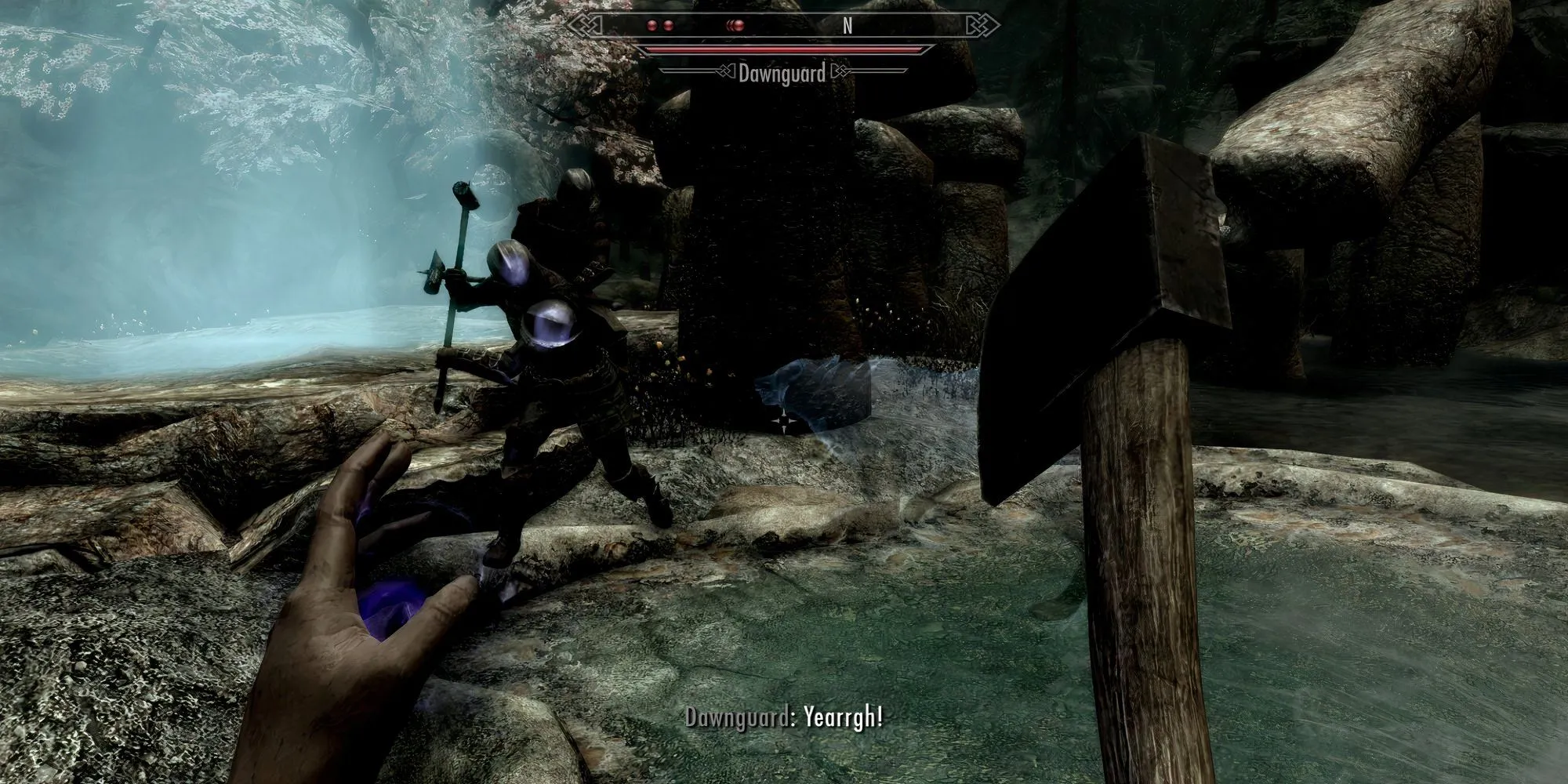 Nhân vật cùng một con sói đồng hành, thể hiện lối chơi thuần hóa thú trong Skyrim