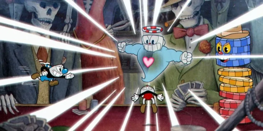 Nhân vật Cuphead và Mugman đang tấn công một con boss trong một màn chơi của game.