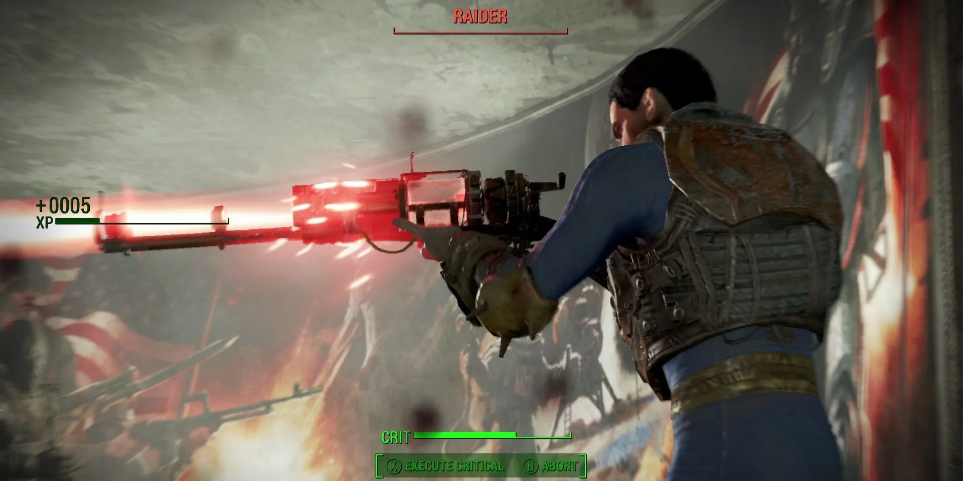 Nhân vật đang bắn súng laser vào một tên cướp (raider) trong cảnh hành động của Fallout 4