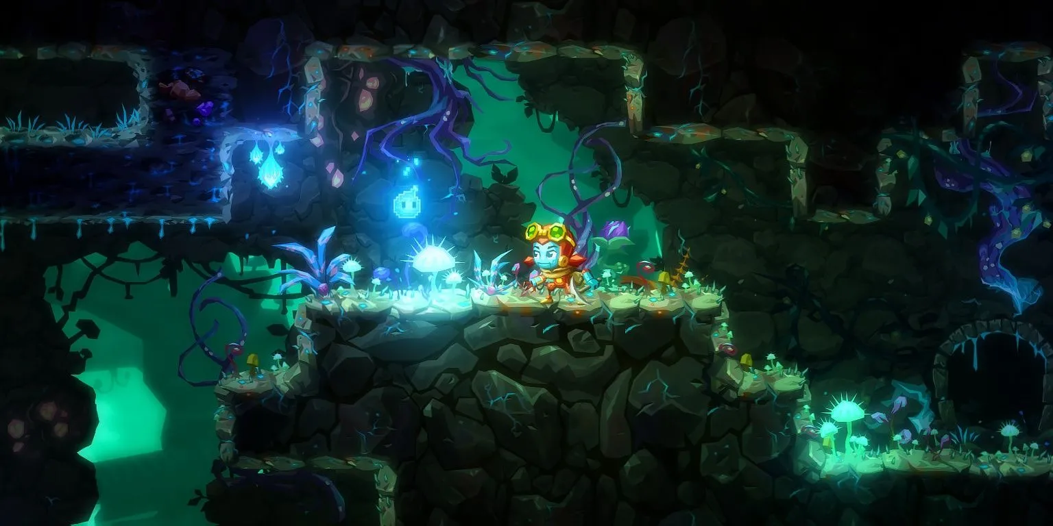 Nhân vật đang khám phá một hang động với đèn pin trong SteamWorld Dig 2