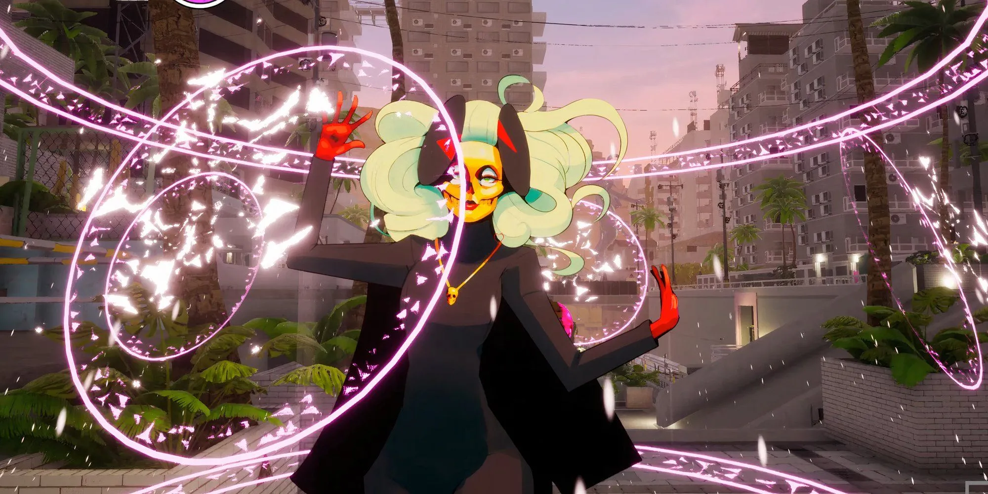 Nhân vật đeo mặt nạ trong game trinh thám Paradise Killer giữa khung cảnh ngoài trời với đồ họa vaporwave độc đáo.