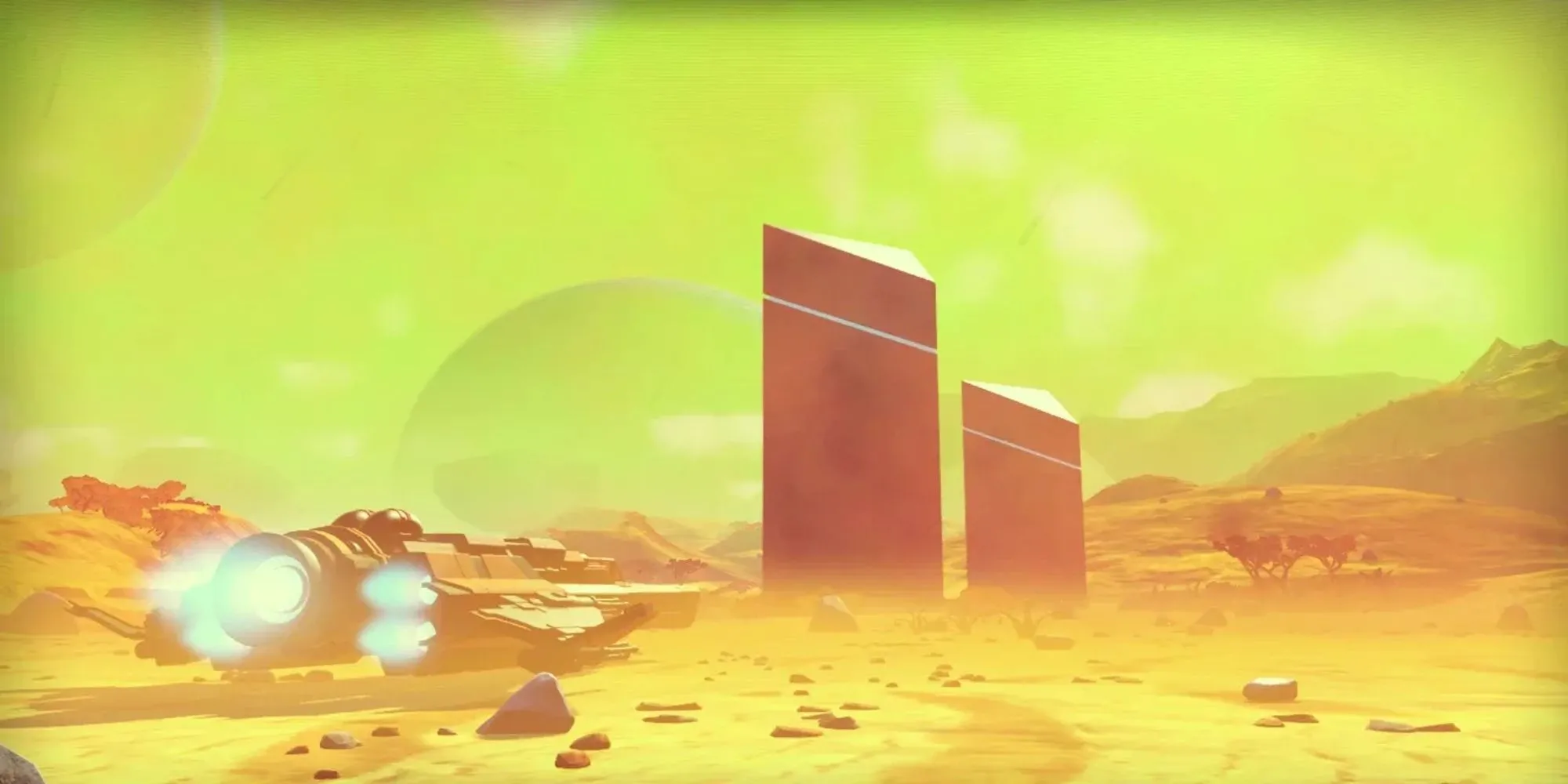 Nhân vật đối mặt với bão cát nguy hiểm trên hành tinh xa lạ trong game khám phá không gian No Man's Sky.
