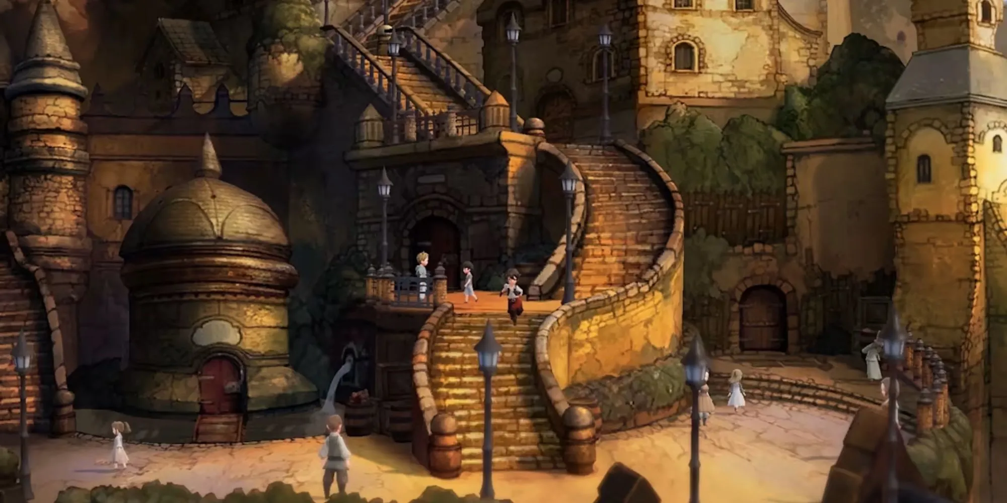 Nhân vật đứng trên cầu thang trong Bravely Default 2, thể hiện đồ họa 3D nhỏ gọn