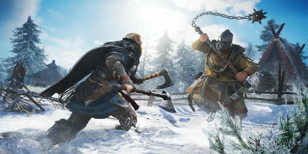 Nhân vật Eivor chiến đấu trong Assassin's Creed Valhalla, game Viking thế giới mở