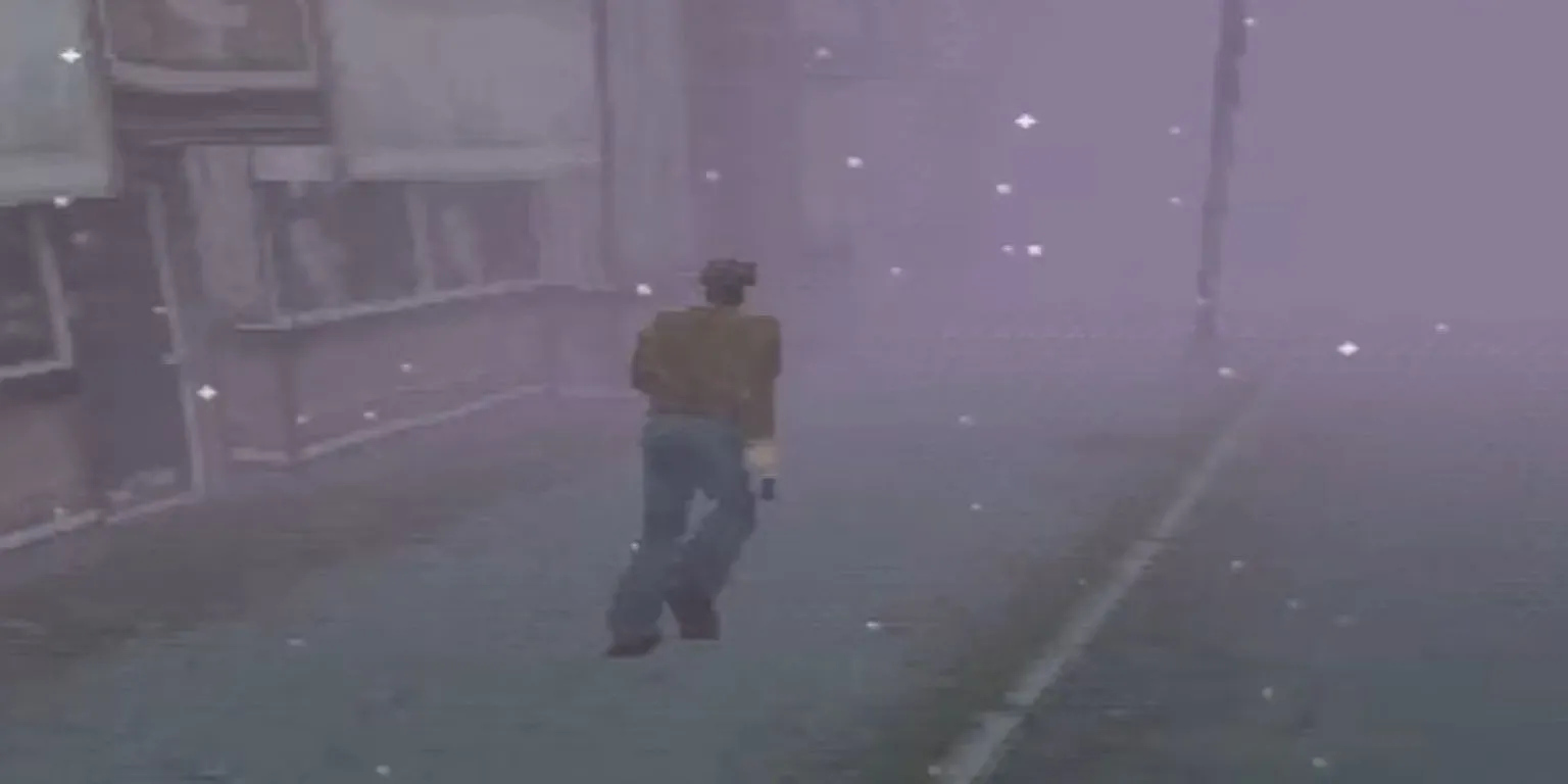 Nhân vật Harry Mason chạy qua thị trấn đầy sương mù trong Silent Hill, tái hiện bầu không khí kinh dị đặc trưng