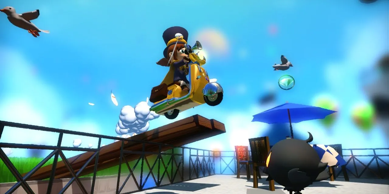 Nhân vật Hat Kid di chuyển bằng xe scooter trong thế giới đầy màu sắc của A Hat in Time