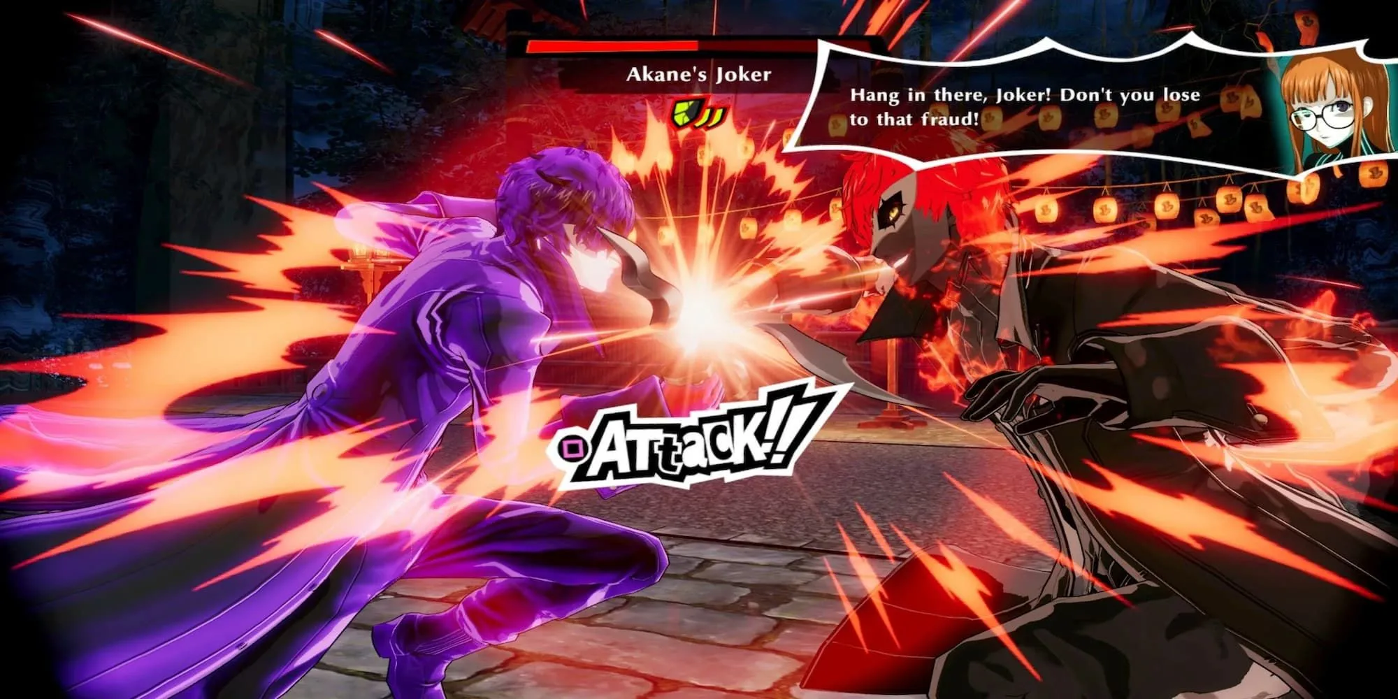 Nhân vật Joker sử dụng Persona Arsene tấn công một đám đông kẻ địch trong Persona 5 Strikers