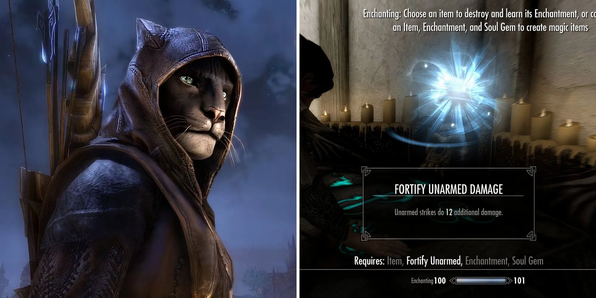 Nhân vật Khajiit đang thực hiện phù phép trên găng tay, thể hiện lối chơi tay không trong Skyrim