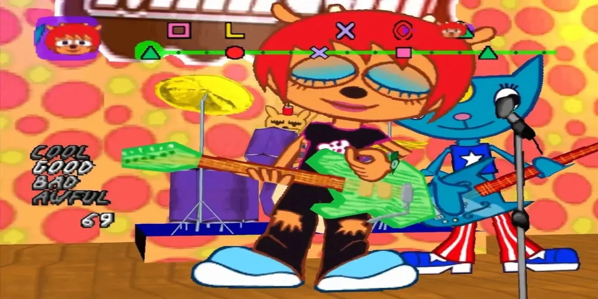 Nhân vật Lammy và Rammy chơi guitar trong game nhịp điệu Um Jammer Lammy trên PS1