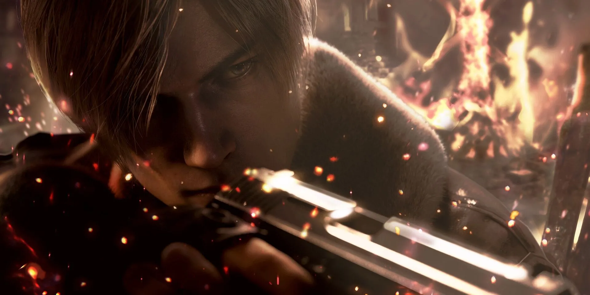 Nhân vật Leon S. Kennedy đang né tránh hoặc chiến đấu trong khung cảnh u ám của bản làm lại Resident Evil 4