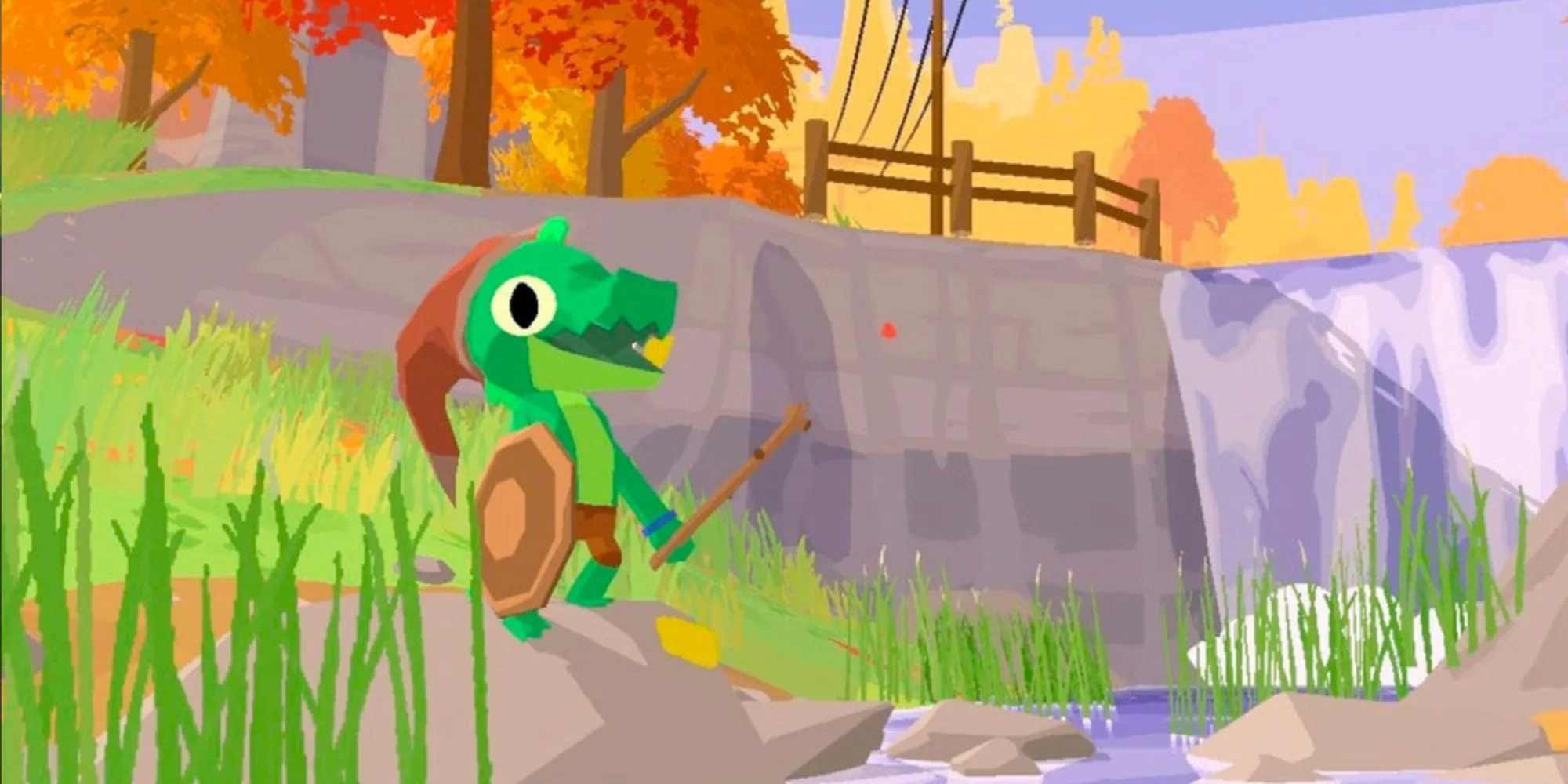 Nhân vật Lil Gator đứng cạnh một thác nước nhỏ trong khu rừng đầy màu sắc của game
