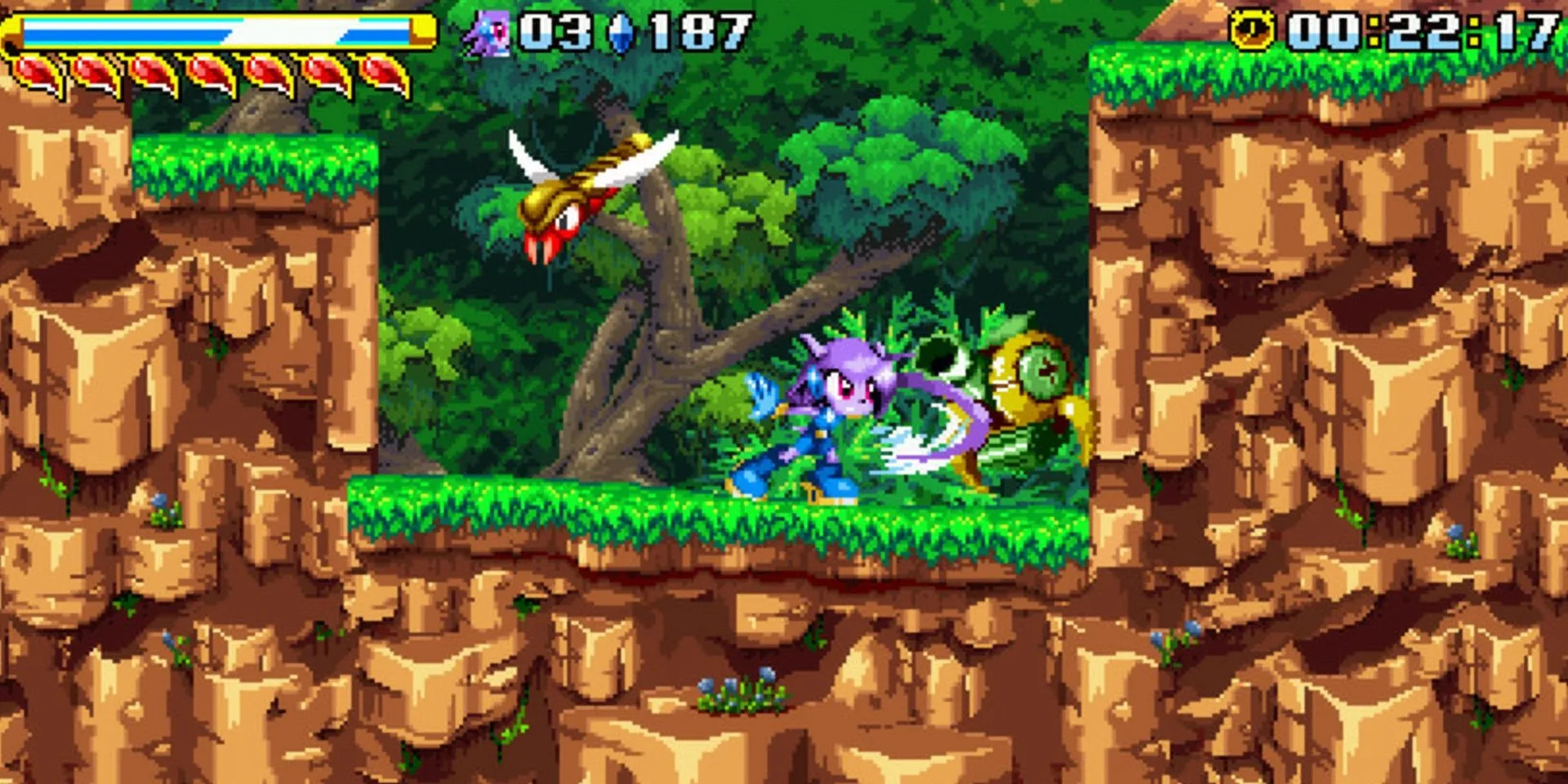 Nhân vật Lilac của Freedom Planet tung đòn tấn công tốc độ cao vào robot địch