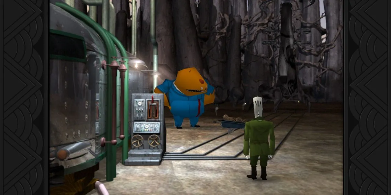 Nhân vật Manny Calavera nói chuyện với Glottis trong khung cảnh đậm chất Art Deco của Grim Fandango Remastered
