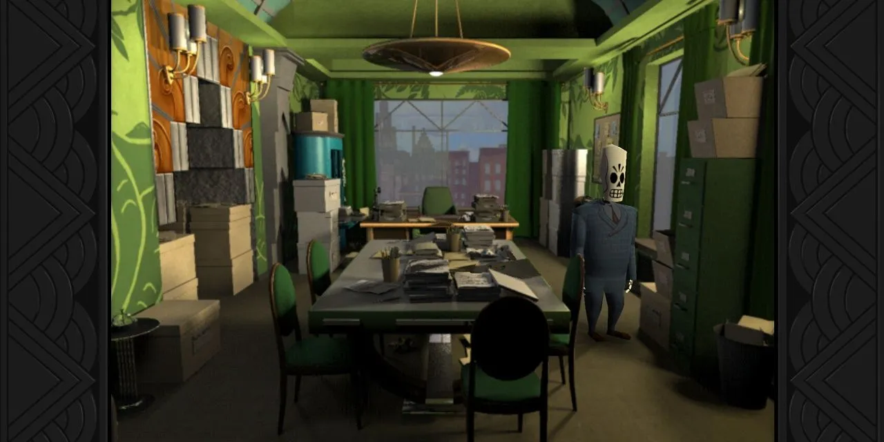 Nhân vật Manny tại văn phòng trong game point-and-click kinh điển Grim Fandango