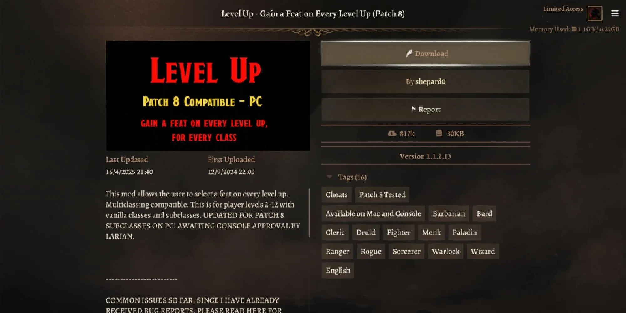 Nhân vật nhận thêm kỹ năng bị động từ mod Feat on Every Level Up BG3