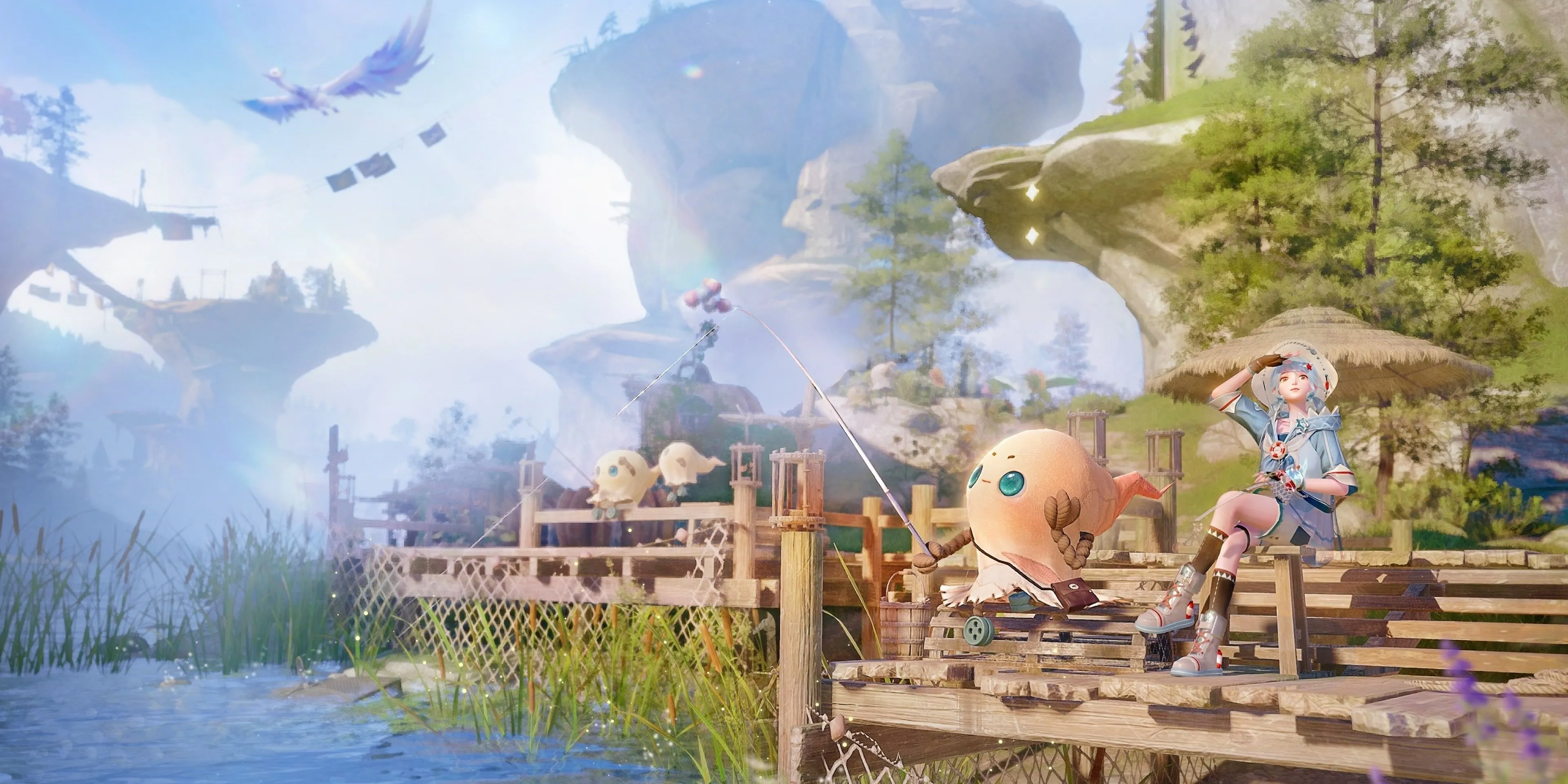 Nhân vật Nikki đang ngồi trên cầu tàu trong game Infinity Nikki