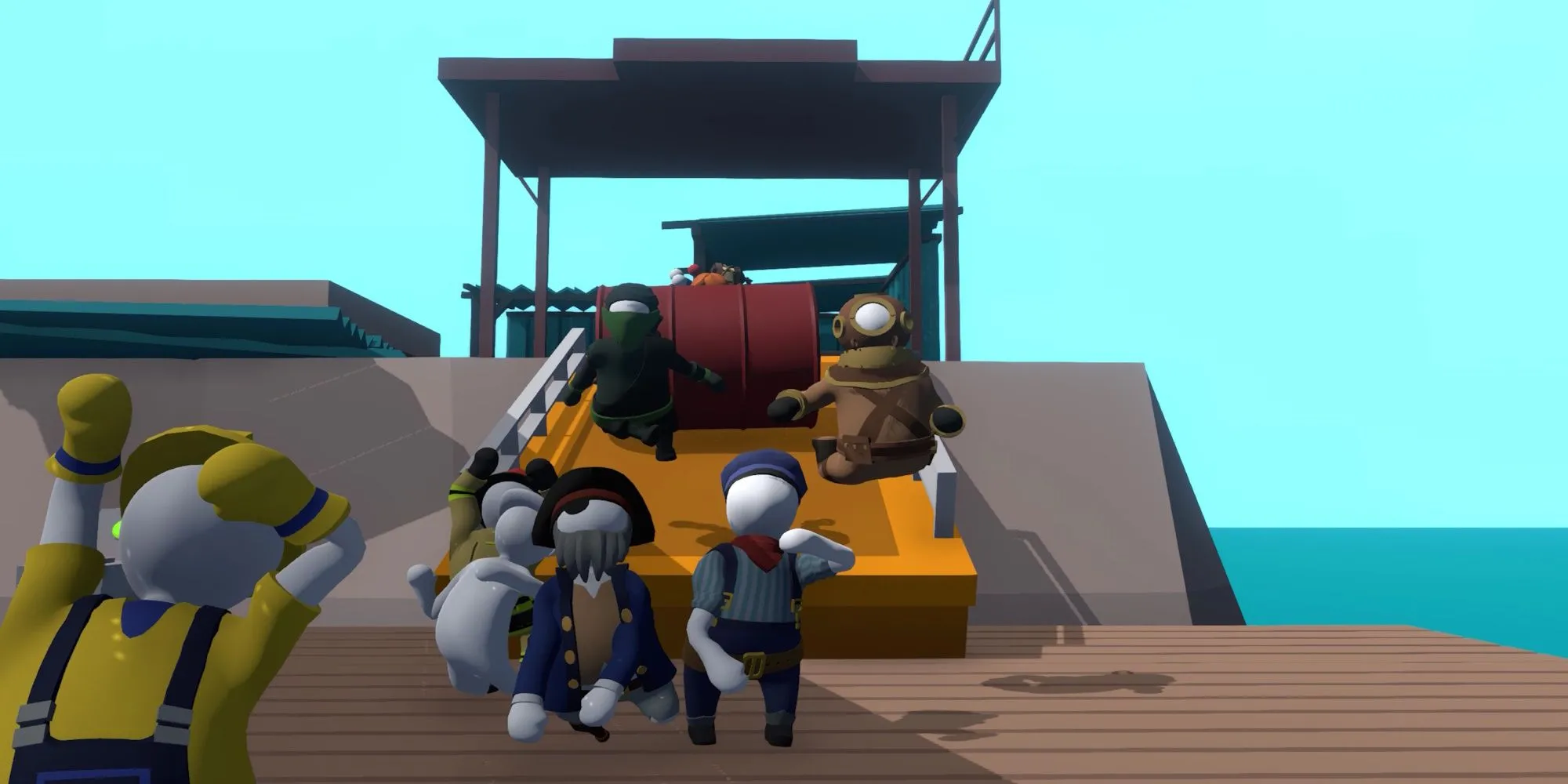 Nhân vật ragdoll ngộ nghĩnh trong Human Fall Flat đang cố gắng vượt chướng ngại vật