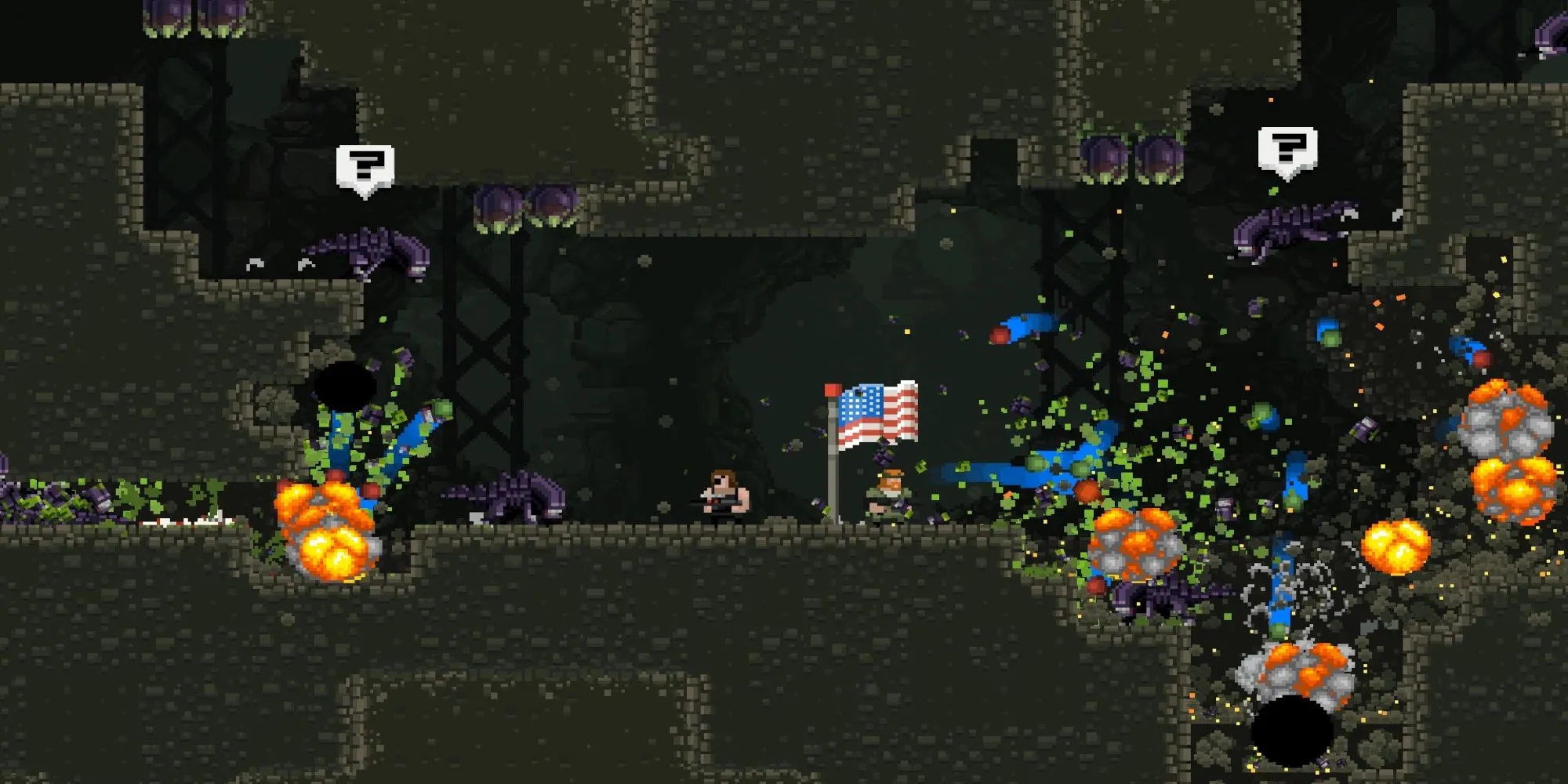 Nhân vật Rambo phiên bản Broforce đang chiến đấu và phá hủy môi trường trong game