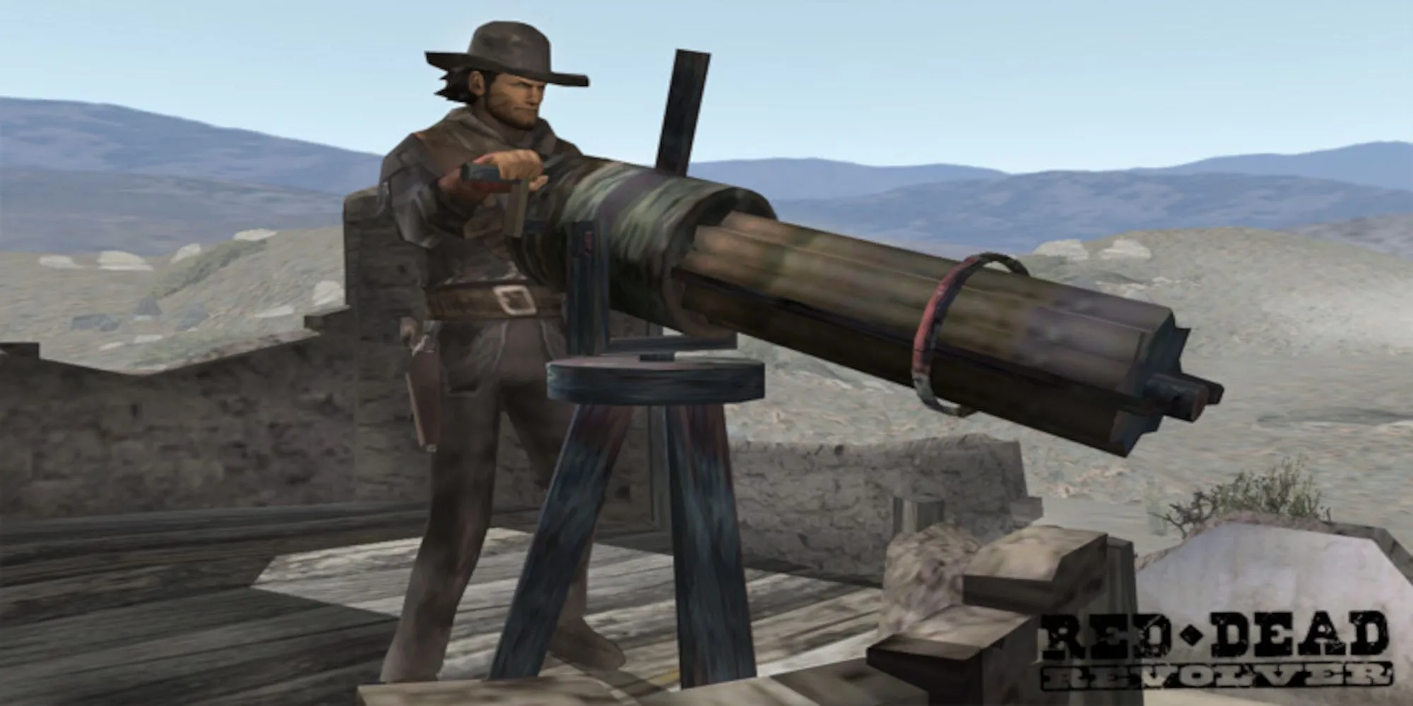 Nhân vật Red sử dụng súng Gatling trong Red Dead Revolver, game giới thiệu cơ chế Dead Eye