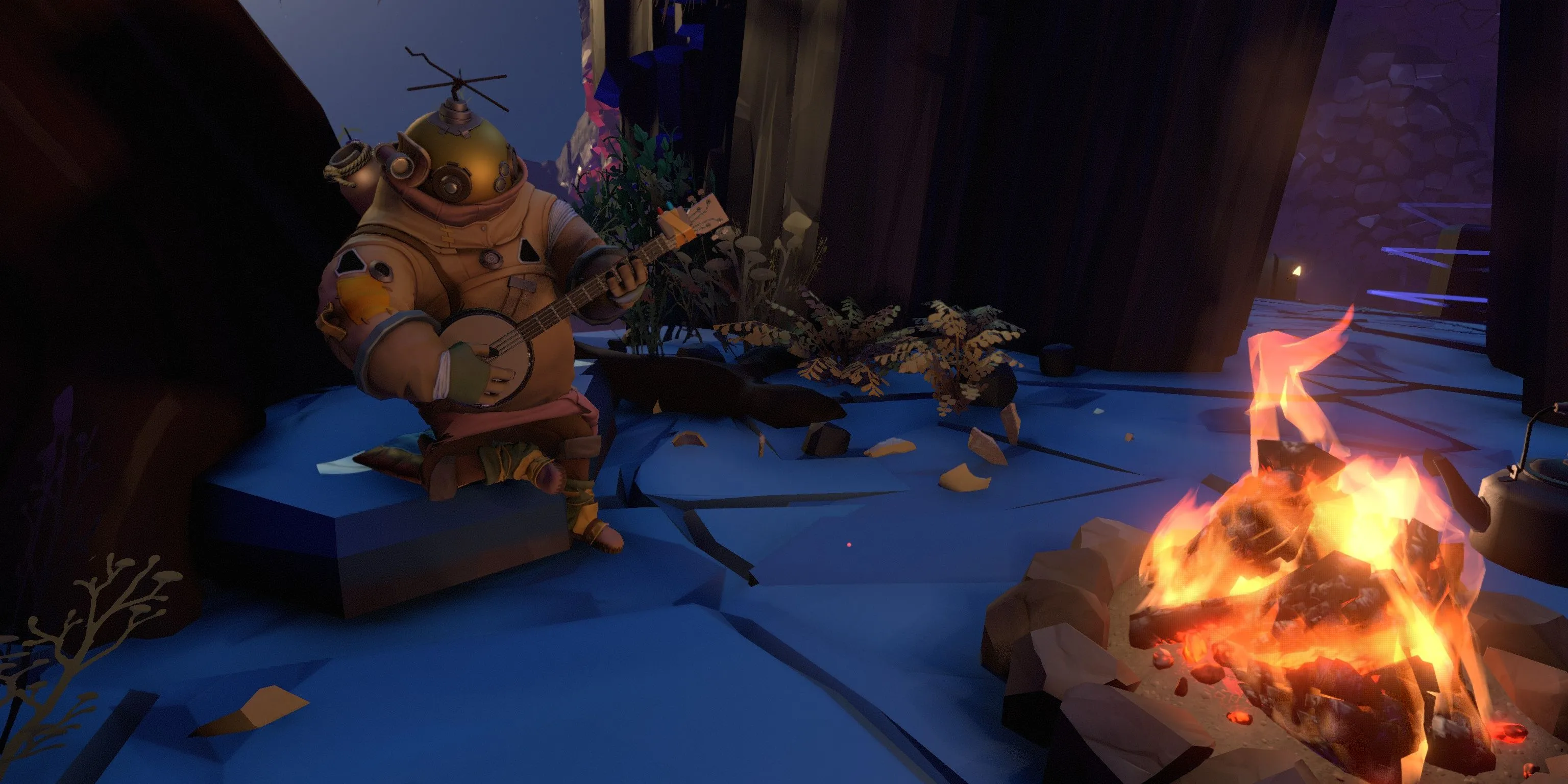 Nhân vật Riebeck chơi đàn banjo bên đống lửa trong game phiêu lưu khám phá Outer Wilds