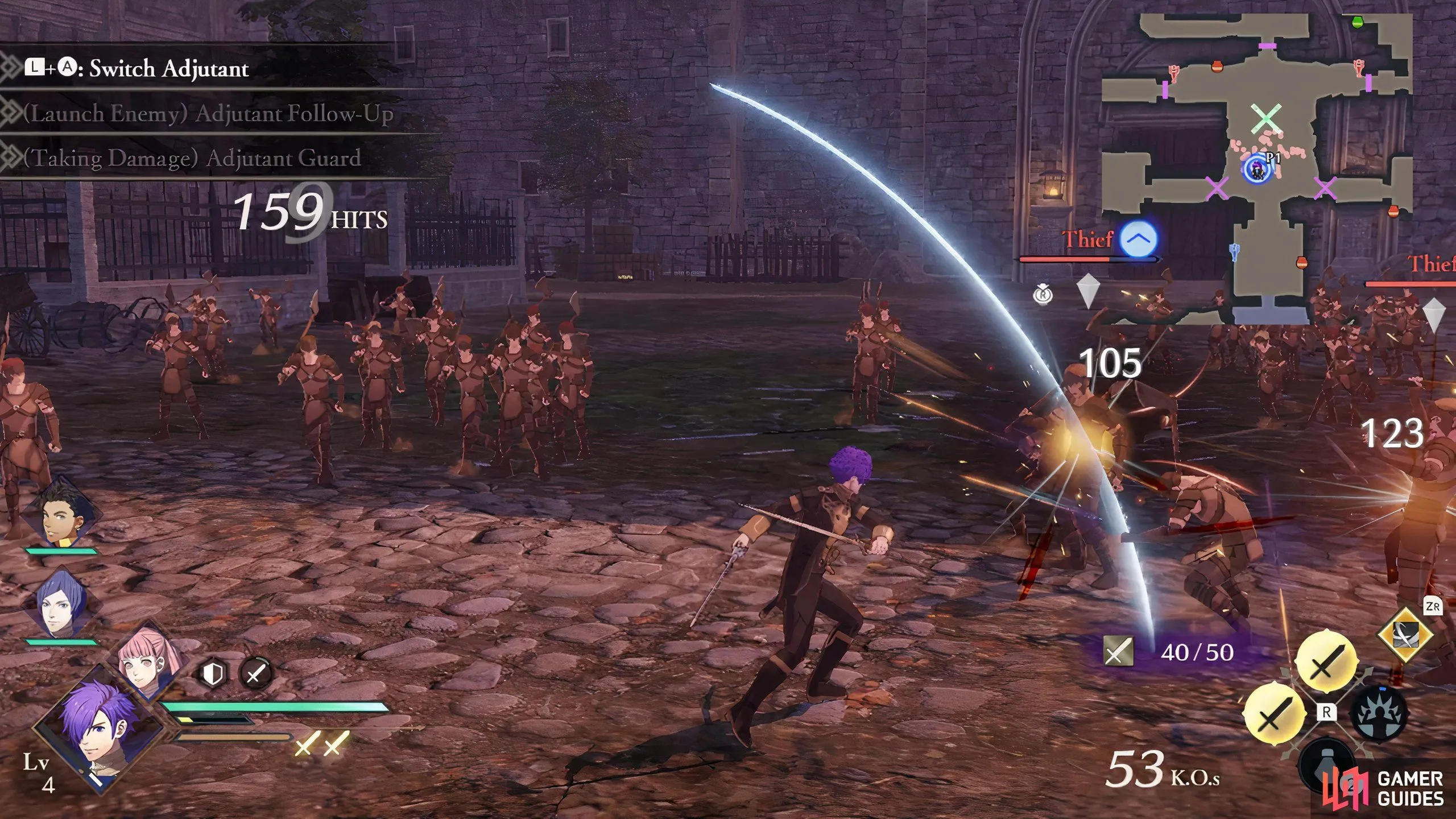 Nhân vật Shez và các thành viên khác của Fire Emblem Three Houses chiến đấu chống lại đội quân kẻ địch trong Fire Emblem Warriors Three Hopes