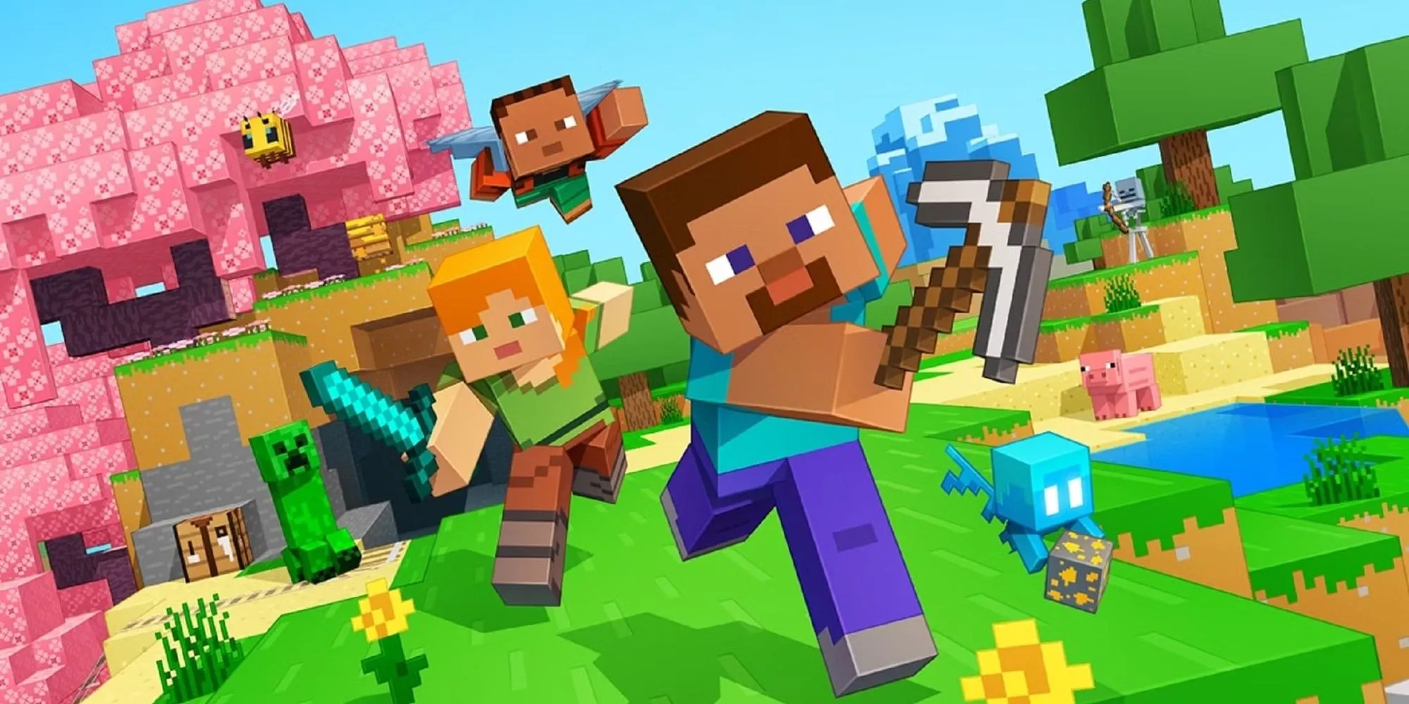 Nhân vật Steve cùng các sinh vật đặc trưng trong thế giới khối vuông của game sinh tồn sandbox Minecraft do Marcus Persson (Notch) phát triển ban đầu