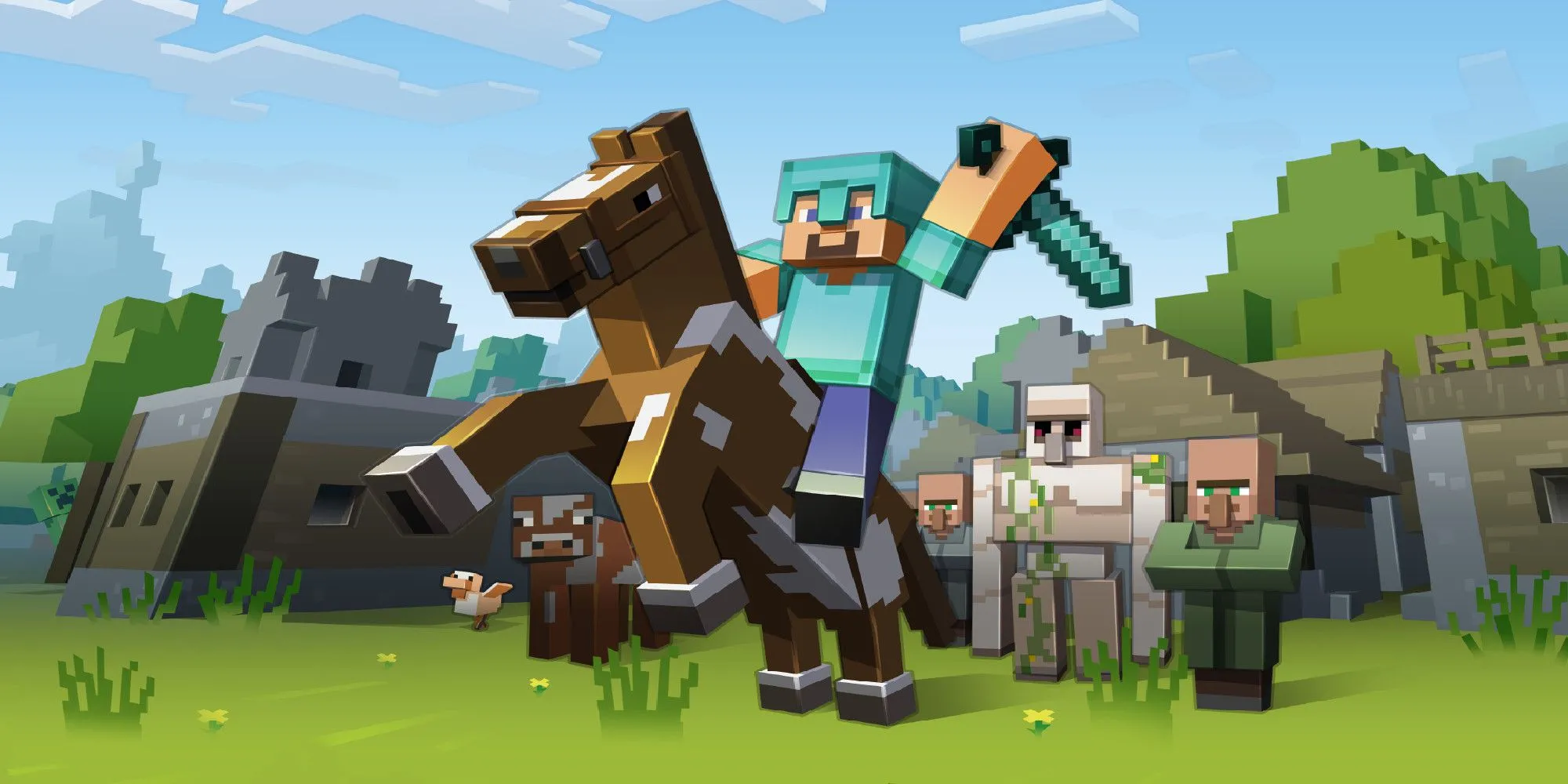 Nhân vật Steve cưỡi ngựa trong thế giới hình khối của Minecraft