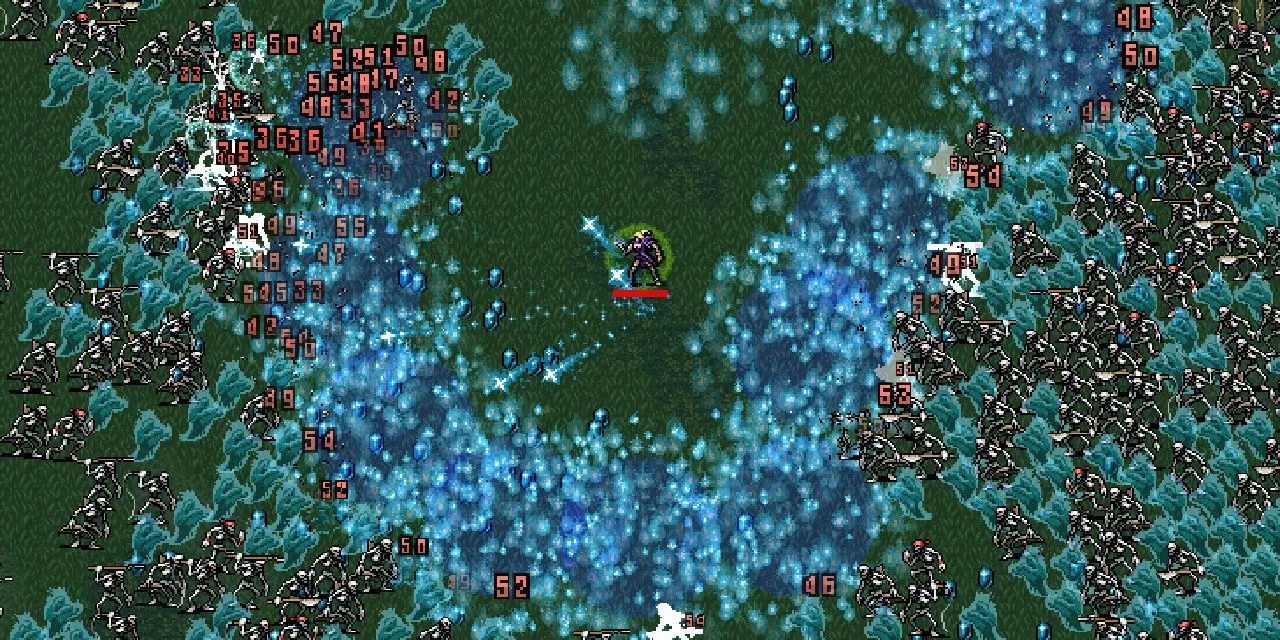 Nhân vật sử dụng kỹ năng Tẩy Lễ (Holy Water) trong game 'bullet heaven' Vampire Survivors
