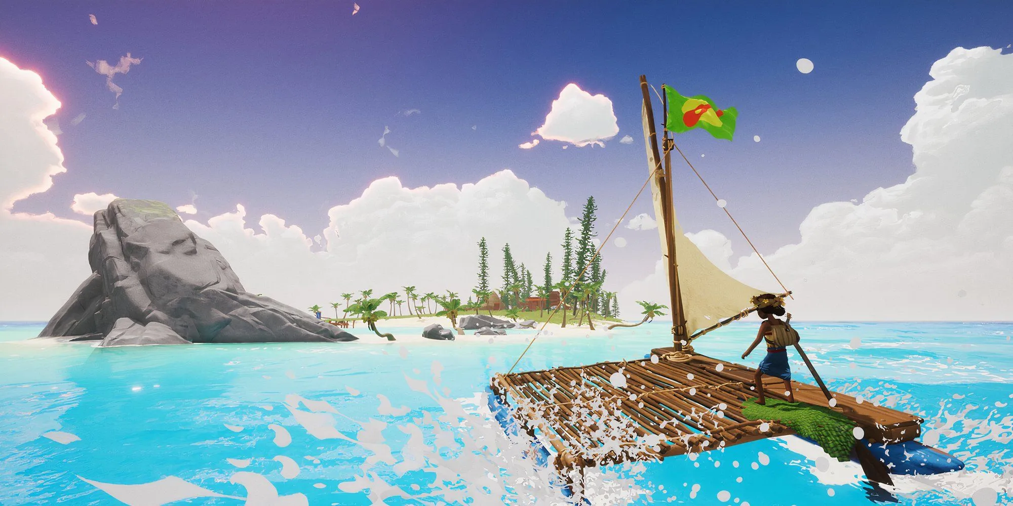 Nhân vật Tchia đi bè qua biển quanh hòn đảo trong game phiêu lưu thế giới mở Tchia.