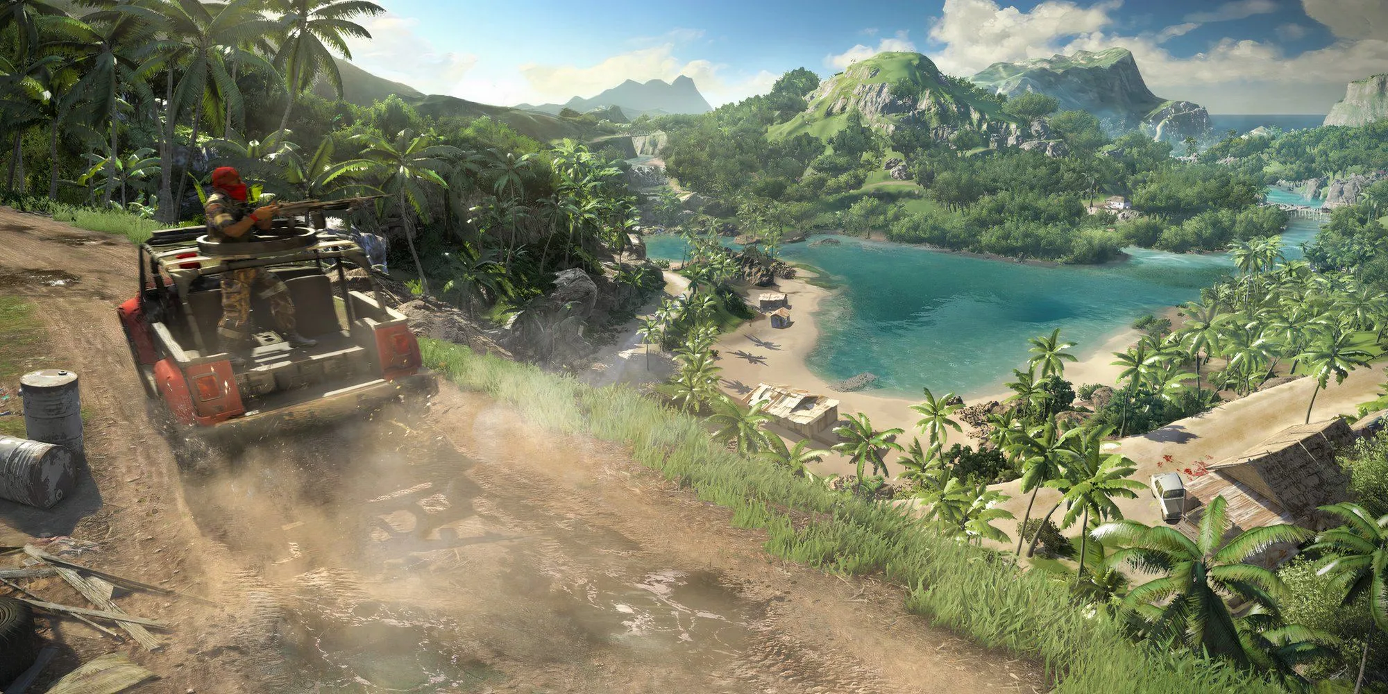 Nhân vật trên xe ngắm bắn mục tiêu trên hòn đảo Rook Island trong Far Cry 3