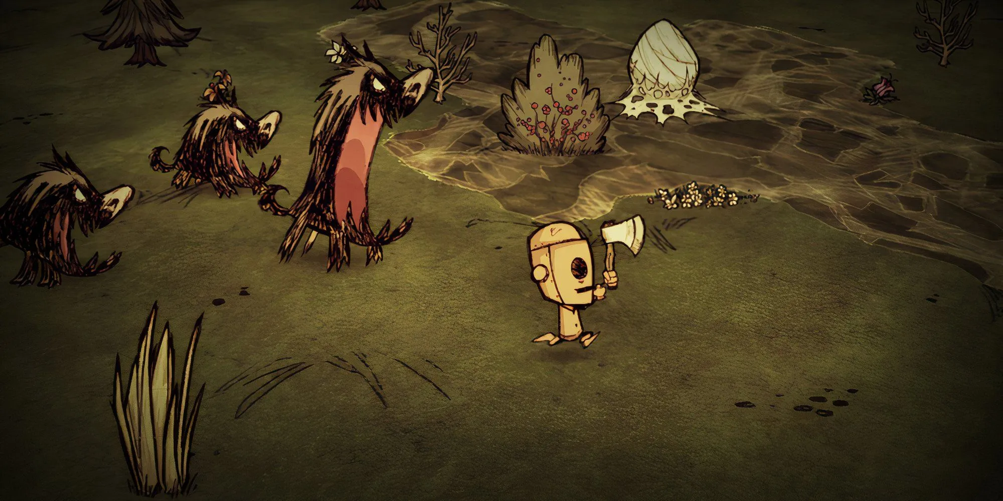 Nhân vật trong game sinh tồn Don't Starve cầm rìu giữa rừng cây đầy kẻ thù, thể hiện đồ họa gothic đặc trưng.