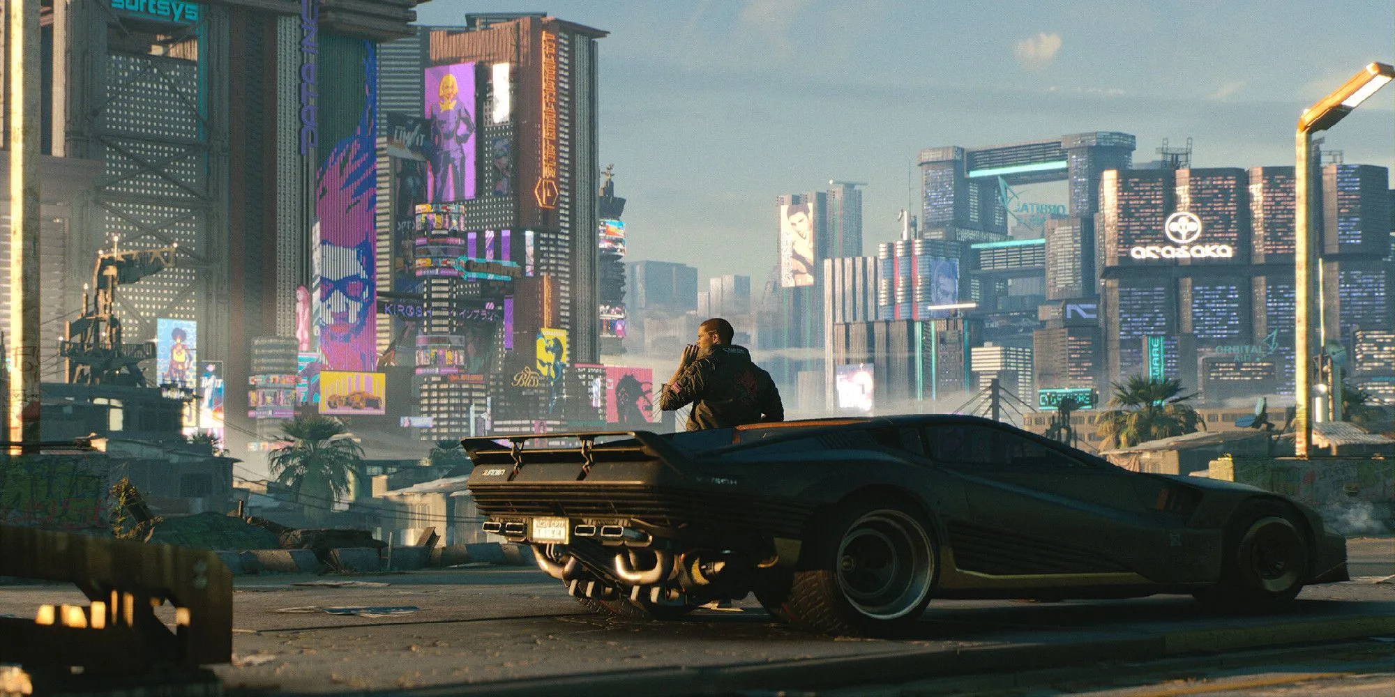 Nhân vật V ngồi trong xe ô tô nhìn ra Night City trong game Cyberpunk 2077