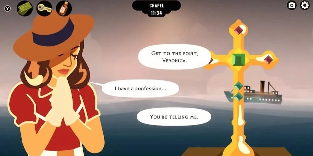 Nhân vật Veronica đang tìm cách nói chuyện với người khác để che đậy tội ác trong game giải đố Overboard!