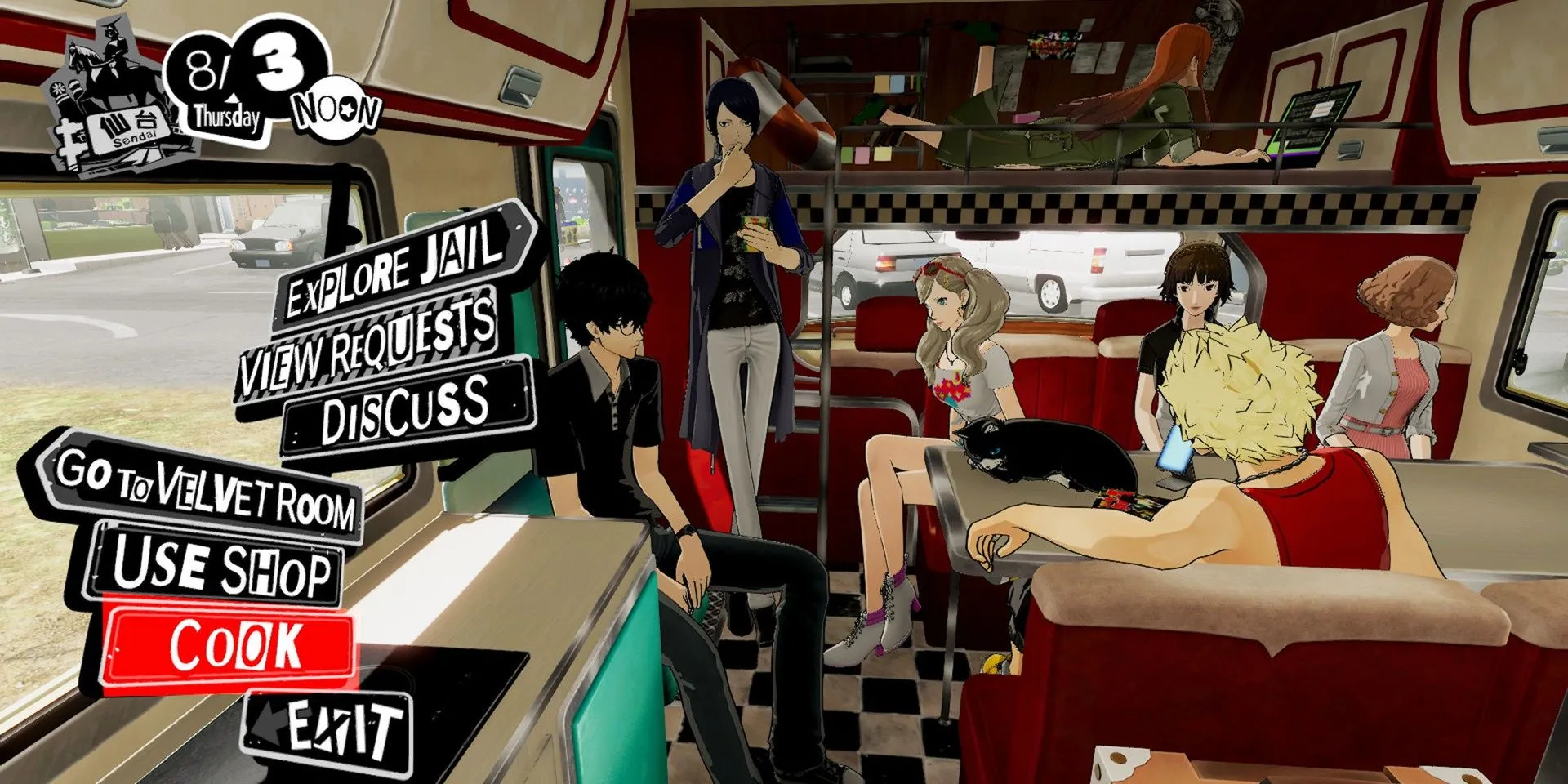 Nhóm Phantom Thieves trong RV trong Persona 5 Strikers