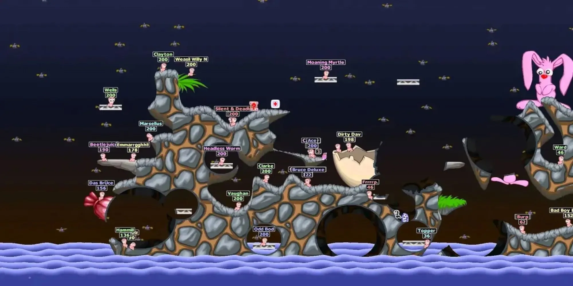 Những chú giun hoạt hình chuẩn bị chiến đấu trong game Worms World Party trên PS1