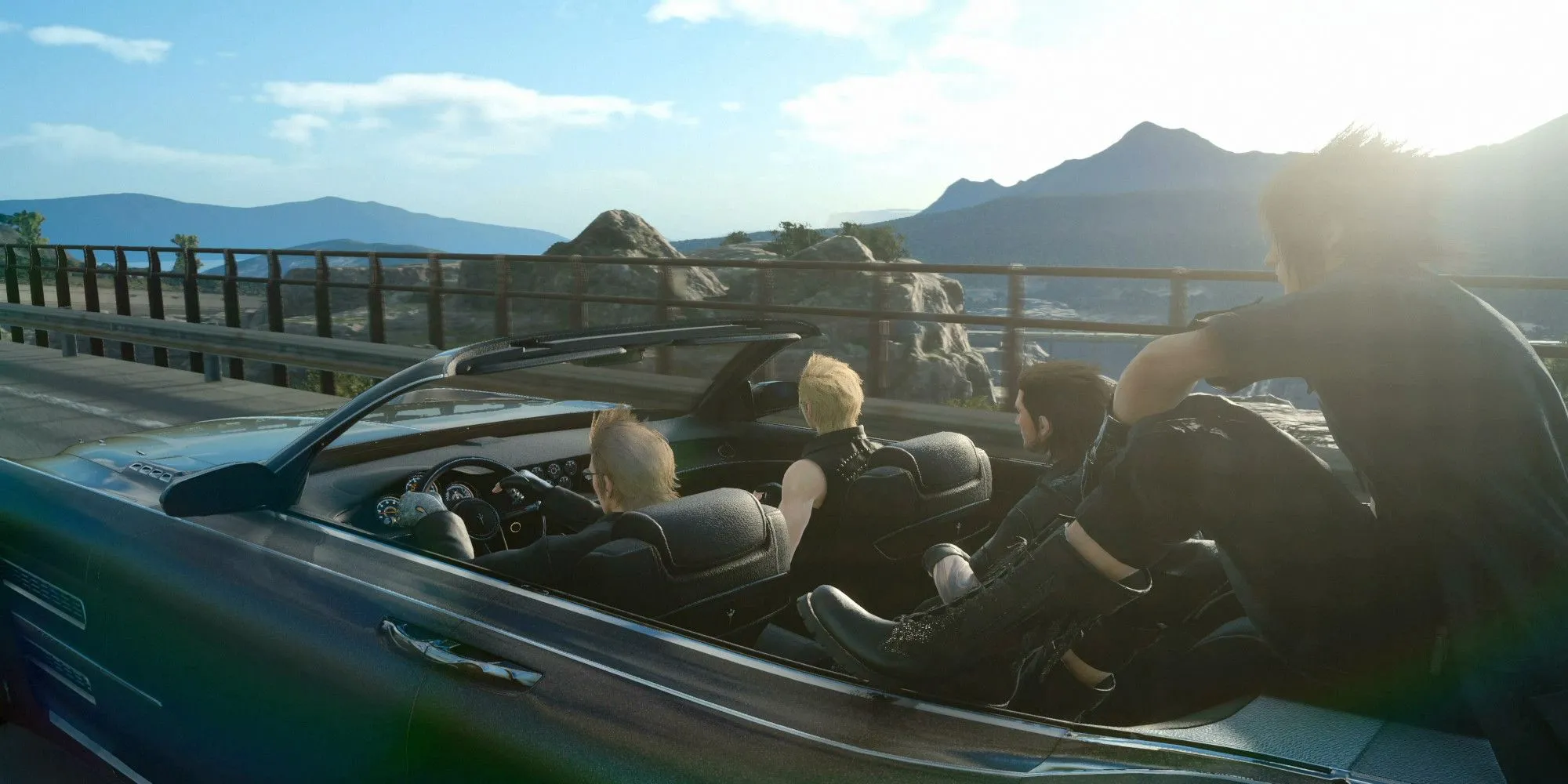 Noctis, Gladiolus, Ignis và Prompto ngồi trên chiếc xe Regalia biểu tượng của game Final Fantasy XV