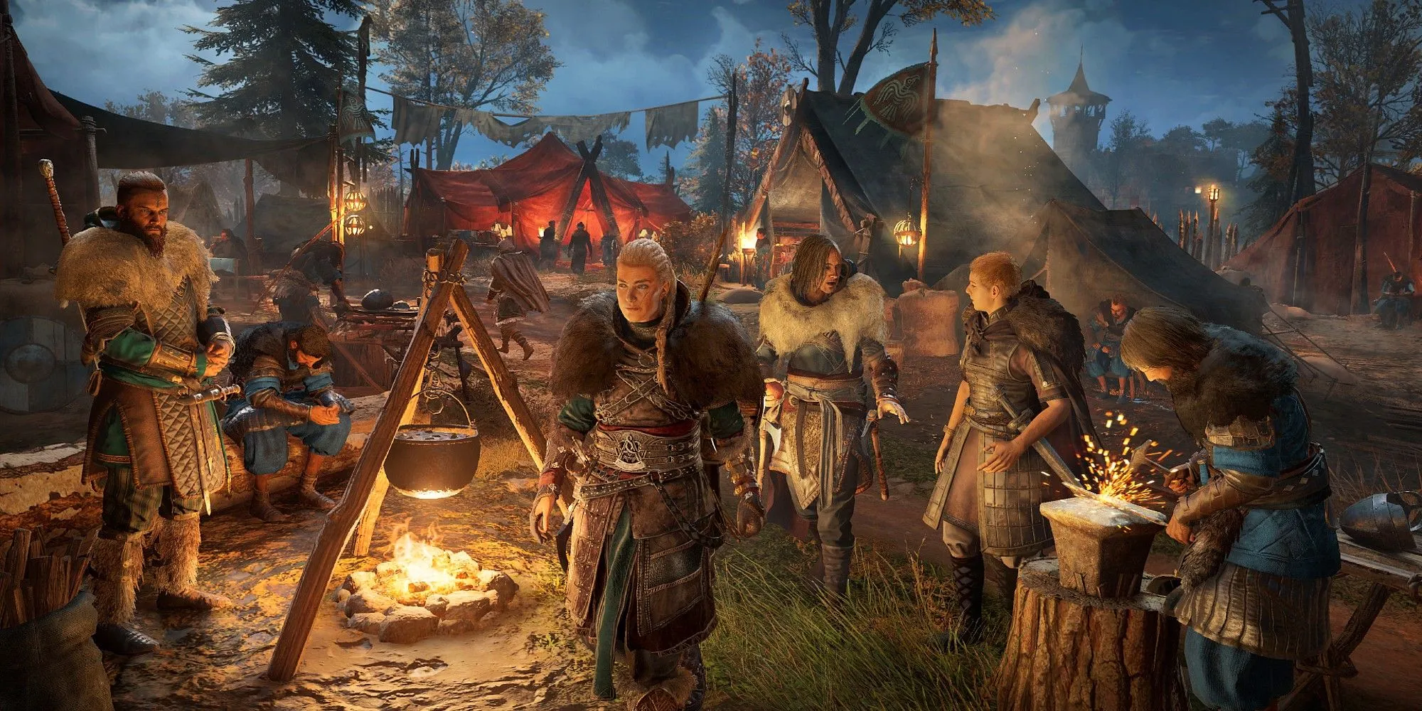 Nữ Eivor sải bước qua trại Ravensthorpe trong Assassin's Creed Valhalla